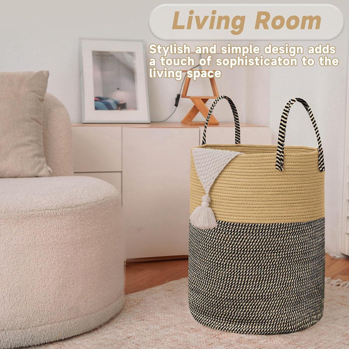 Large Woven Laundry Basket Hamper,60L Cotton Rope Storage Bin for Blankets,Toys and