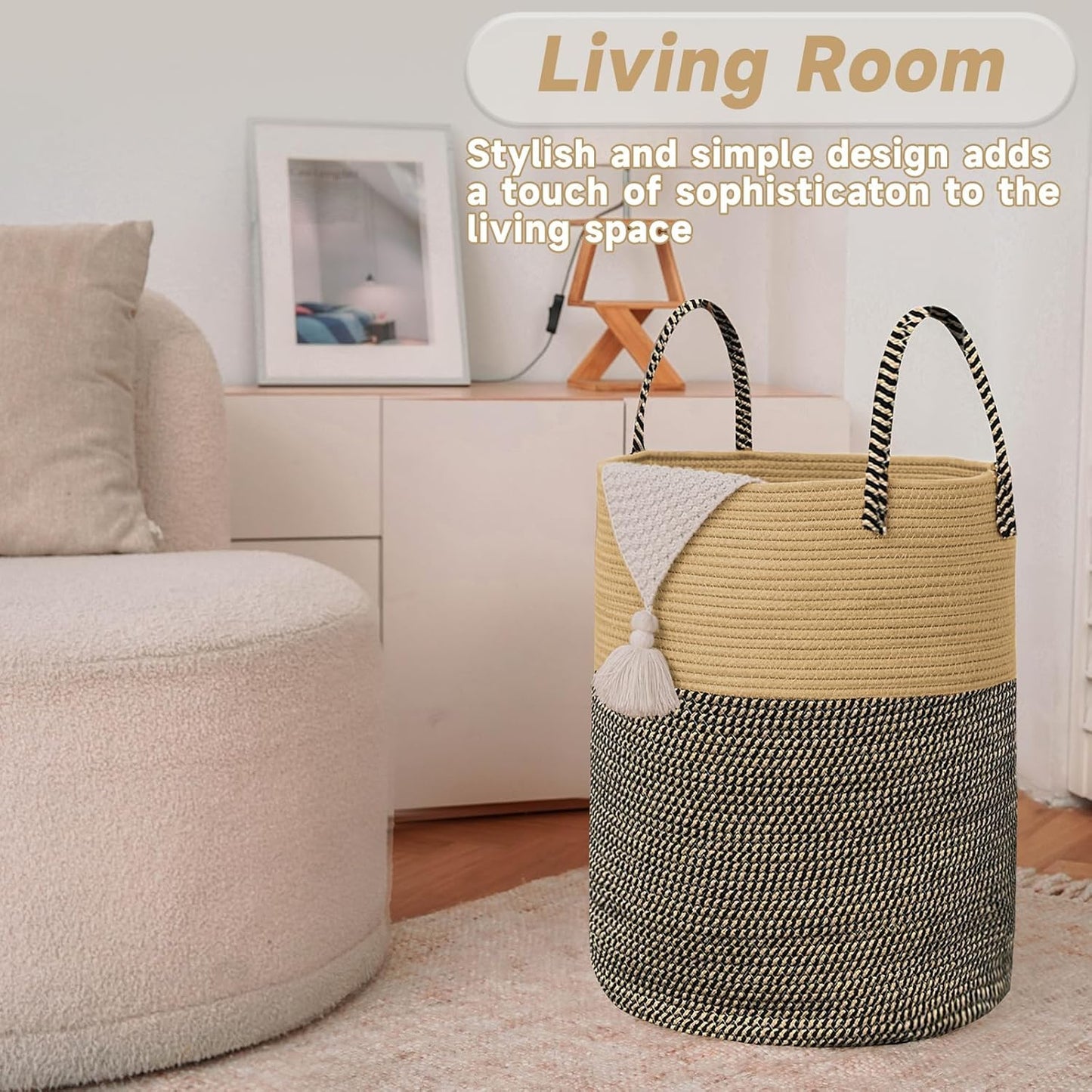 Large Woven Laundry Basket Hamper,80L Cotton Rope Storage Bin for Blankets,Toys and