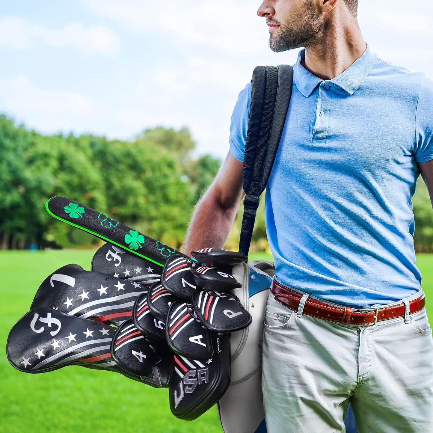 Big Teeth Golf Cover USA Stripe and Star Headcover Covers, Driver Fairway Wood Hybrid Headcovers