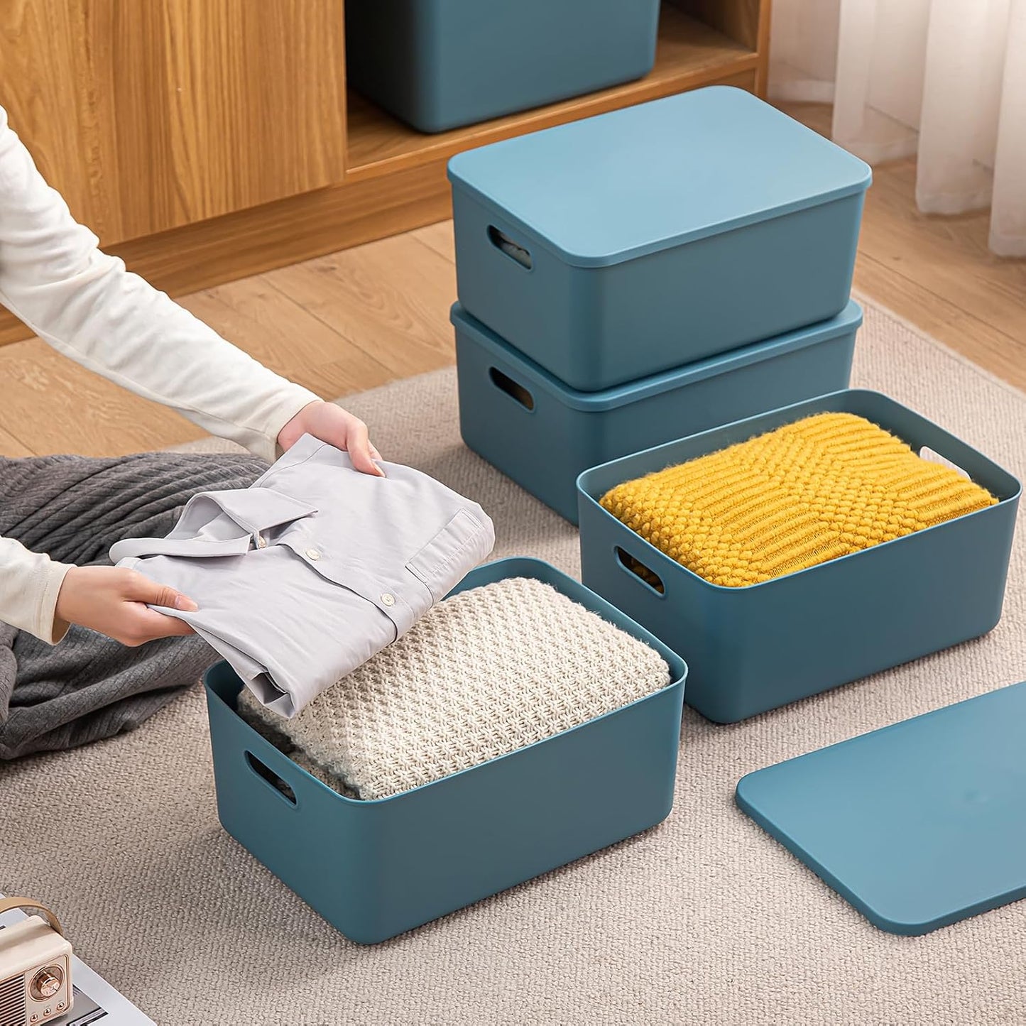 Plastic Storage Bins with lids,Storage Baskets,Container with handle,Storage Organizer Bins for