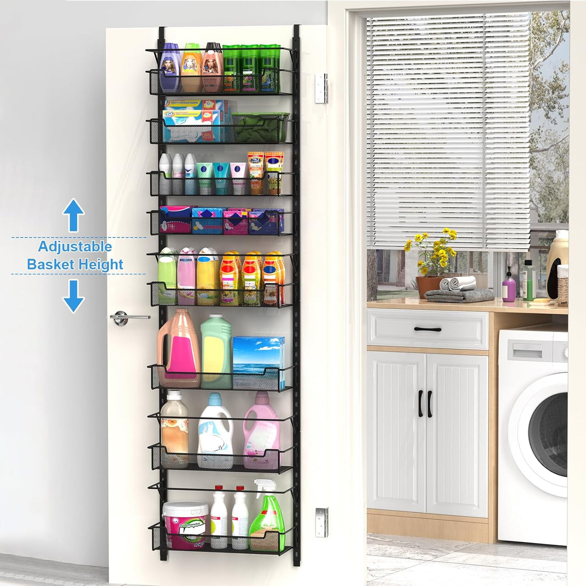 Over the Door Pantry Organizer, 8-Tier Over the Door Organizer with Adjustable Basket, Pantry Door