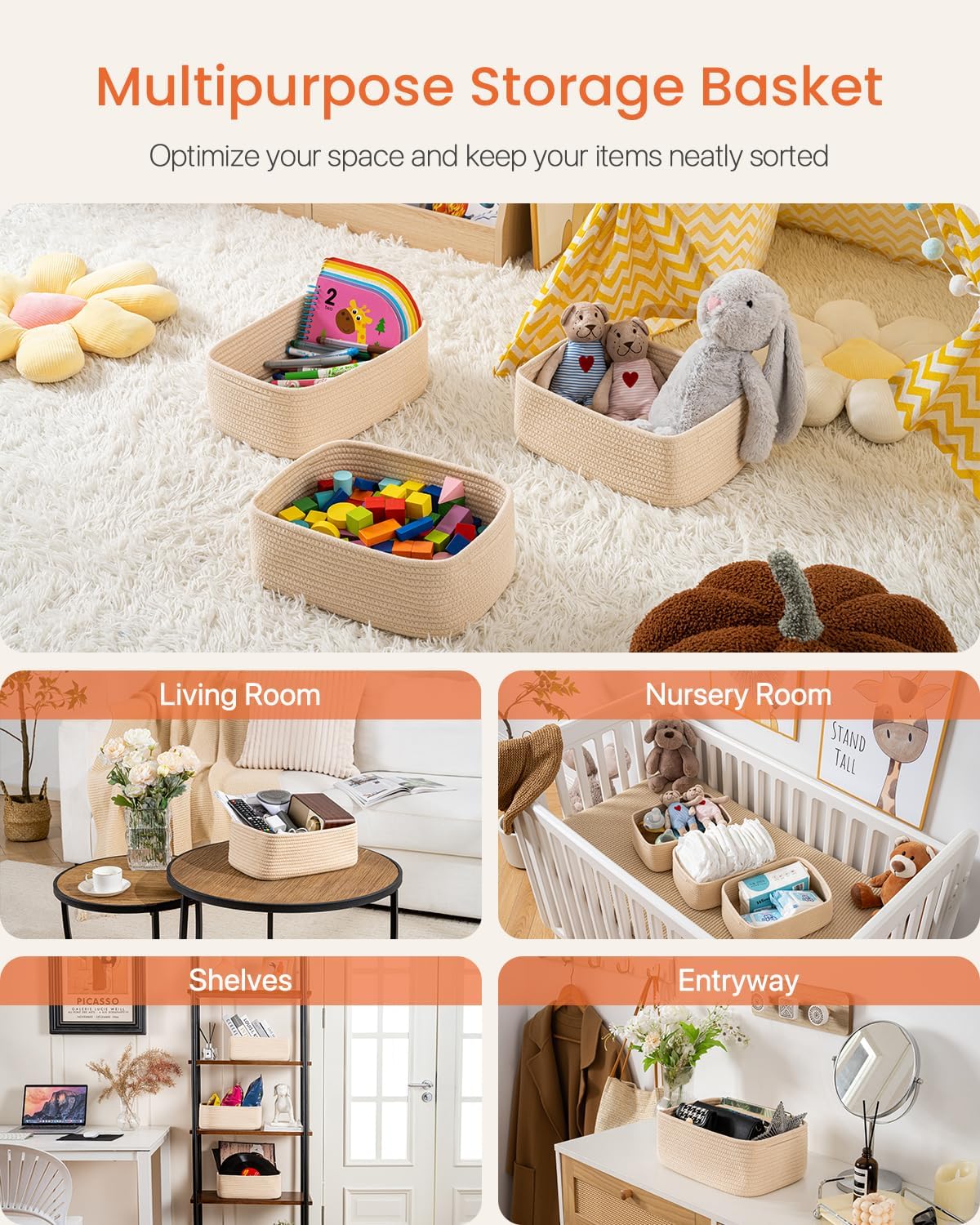 Small Woven Basket, 12 x 8 x 4.5 Inches, Storage Basket for Organizing, Cute Small Rope Shelf