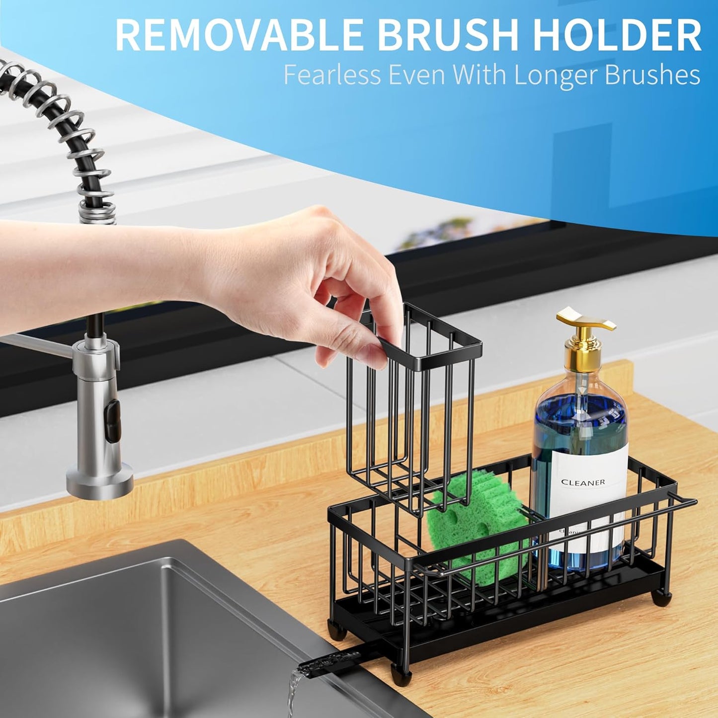 Cisily Sponge Holder for Kitchen Sink with Towel Rack, Sink Caddy with Kitchen High Brush Holder