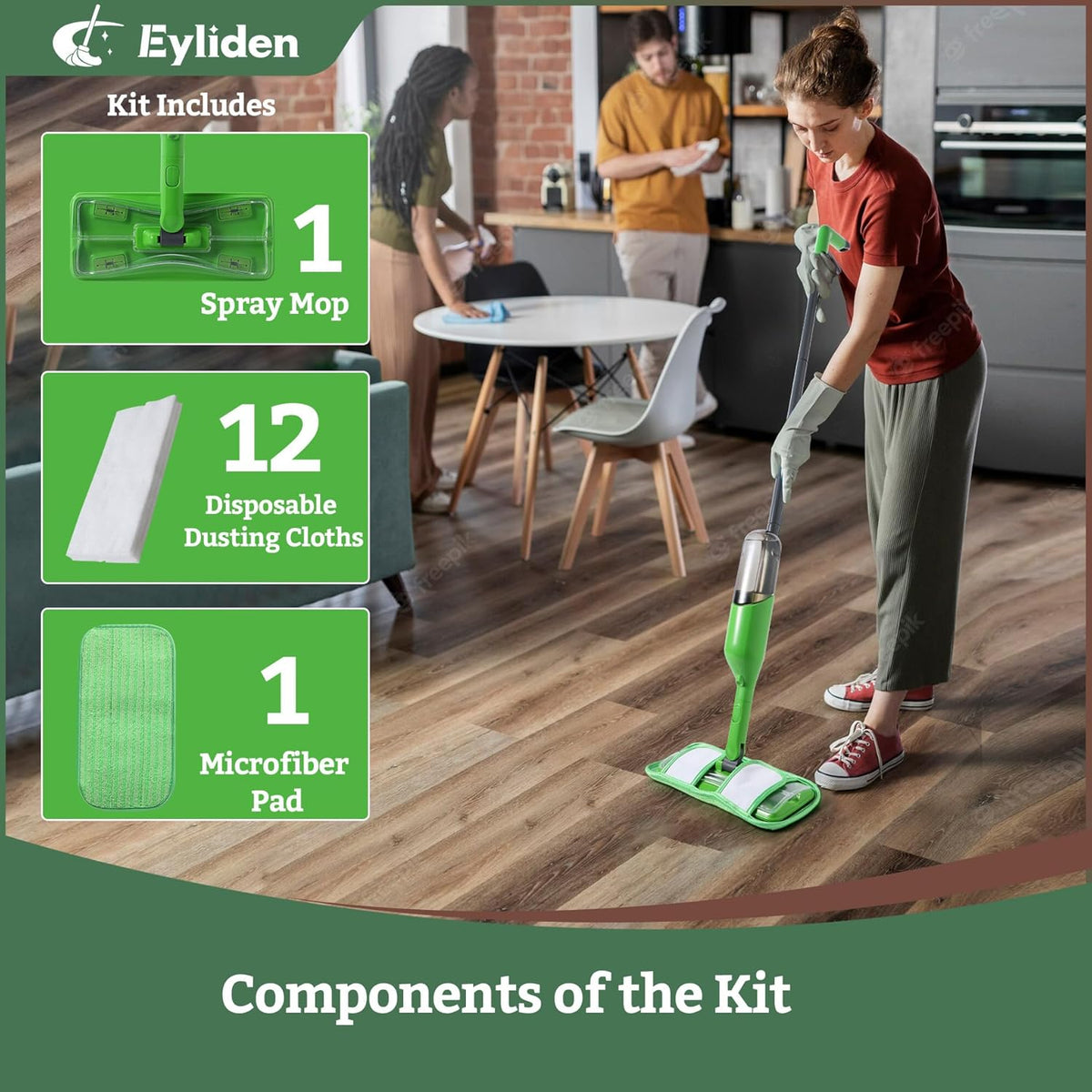 Eyliden Spray Mop - Design for Small Spaces | 12 Disposable Cloths, 1 Reusable Pad, 13 oz