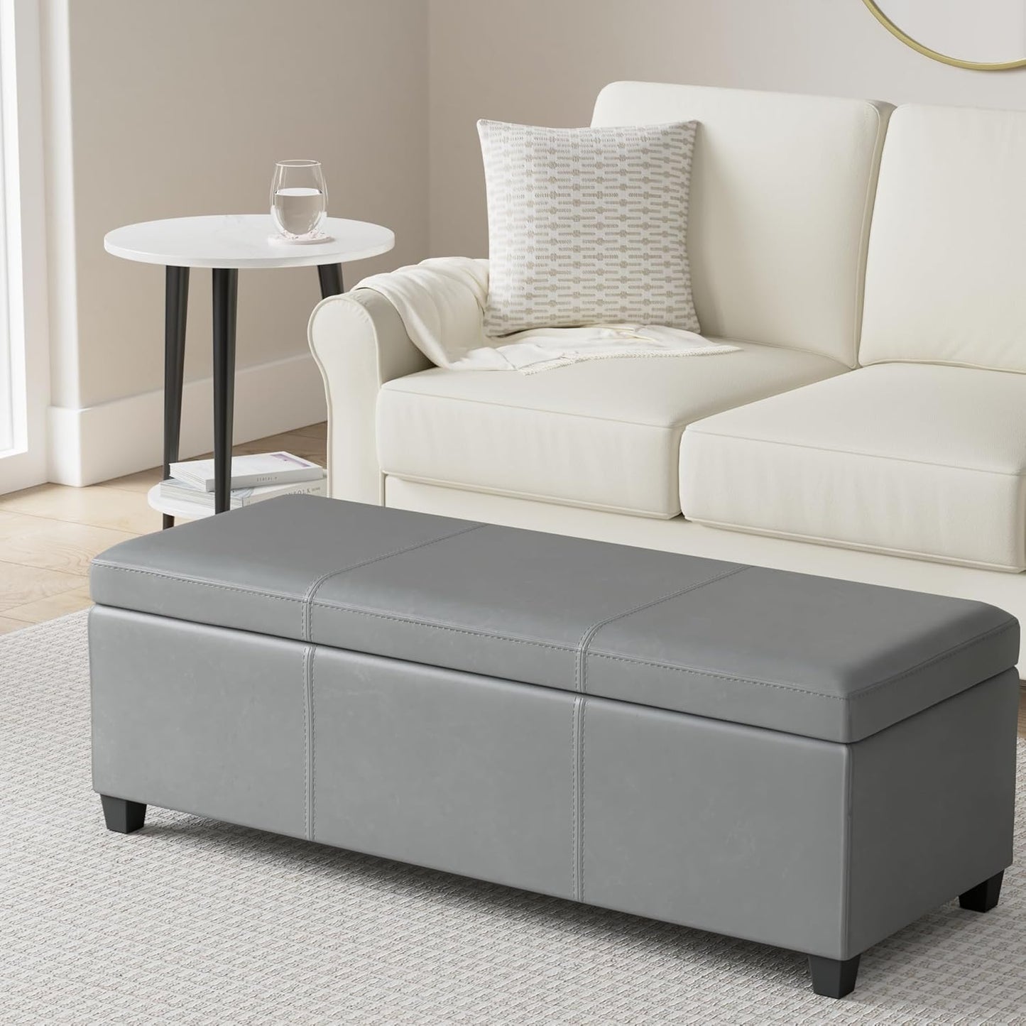SIMPLIHOME Avalon 48 inch Wide Contemporary Rectangle Storage Ottoman Bench in Stone Grey Vegan