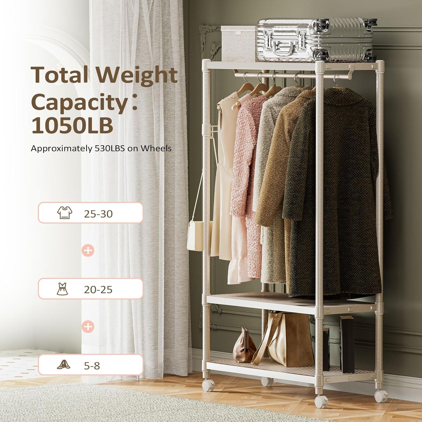 IZEUK Heavy Duty Rolling Garment Rack Wire Clothes Rack for Hanging Clothes, Metal Freestanding