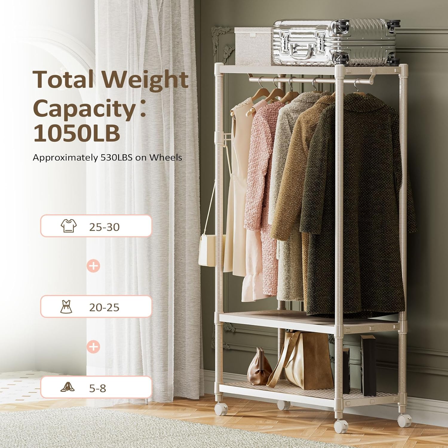 IZEUK Heavy Duty Rolling Garment Rack Wire Clothes Rack for Hanging Clothes, Metal Freestanding