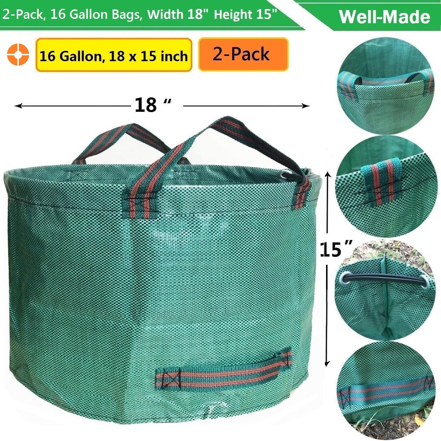 Standard 2-Pack 16 Gallon Yard Lawn Garden Bags (D18, H15 inch) with Gardening Gloves, Yard Waste