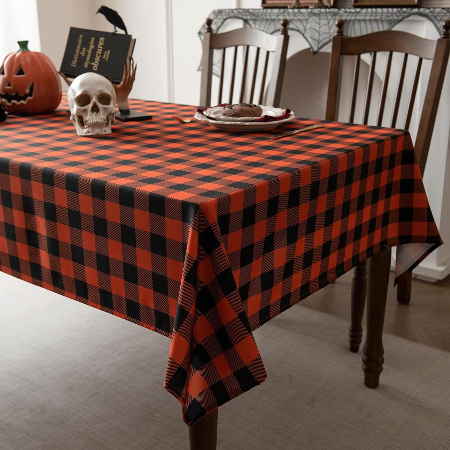 Orange Gingham Tablecloth Fabric - Oblong 58x120 Water Resistant Autumn Plaid Table Cloth for