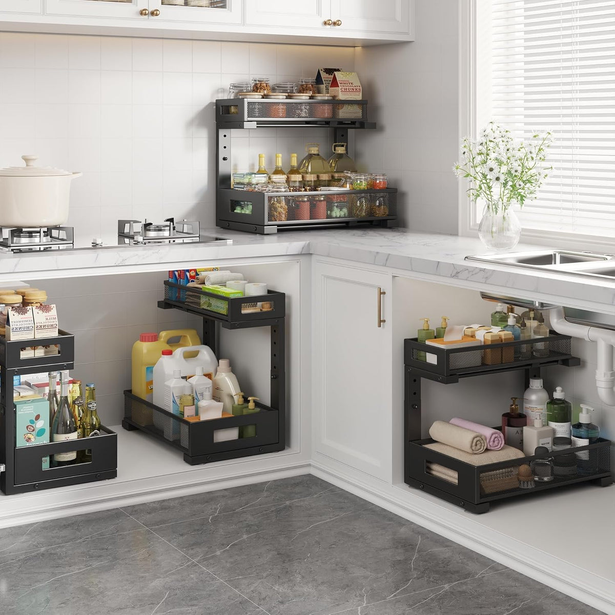 2-Pack Under Sink Storage Organizer, Large 2-Tier Elegant Mesh Pull Out Shelf for Kitchen and