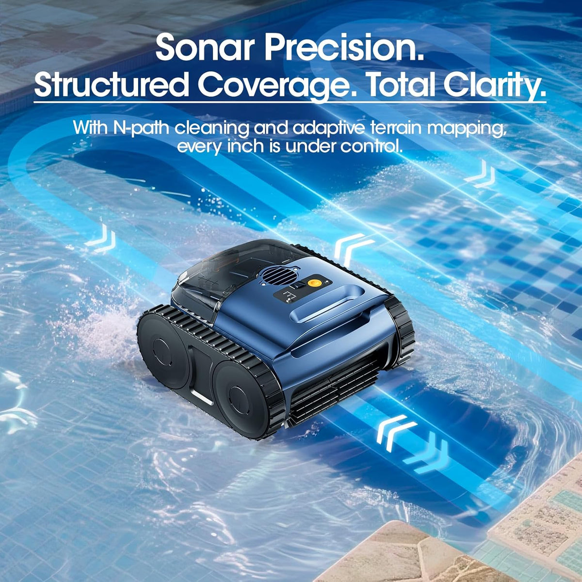 Cordless Robotic Pool Vacuum, Pool Cleaner with Track Drive & Sonar Navigation, 180W Brushless