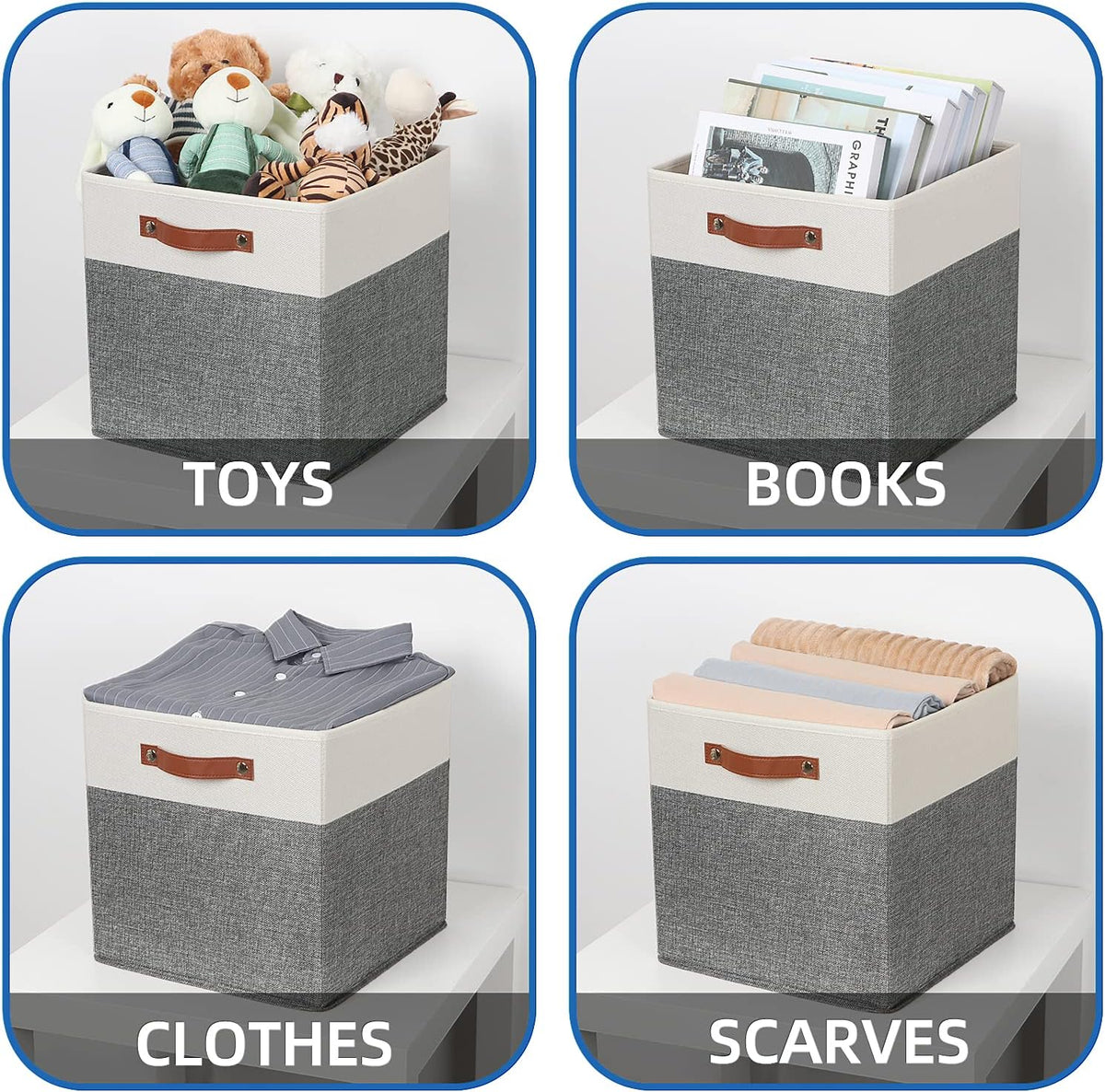 Temary 13x13 Storage Cubes 4 Pack Fabric Cube Storage Bins Large Storage Baskets with Leather