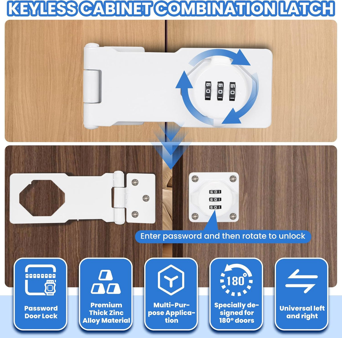 Keyless Cabinet Lock with Combination Code - 3-Digit Password Hasp Latch Lock for Drawers, Bifold