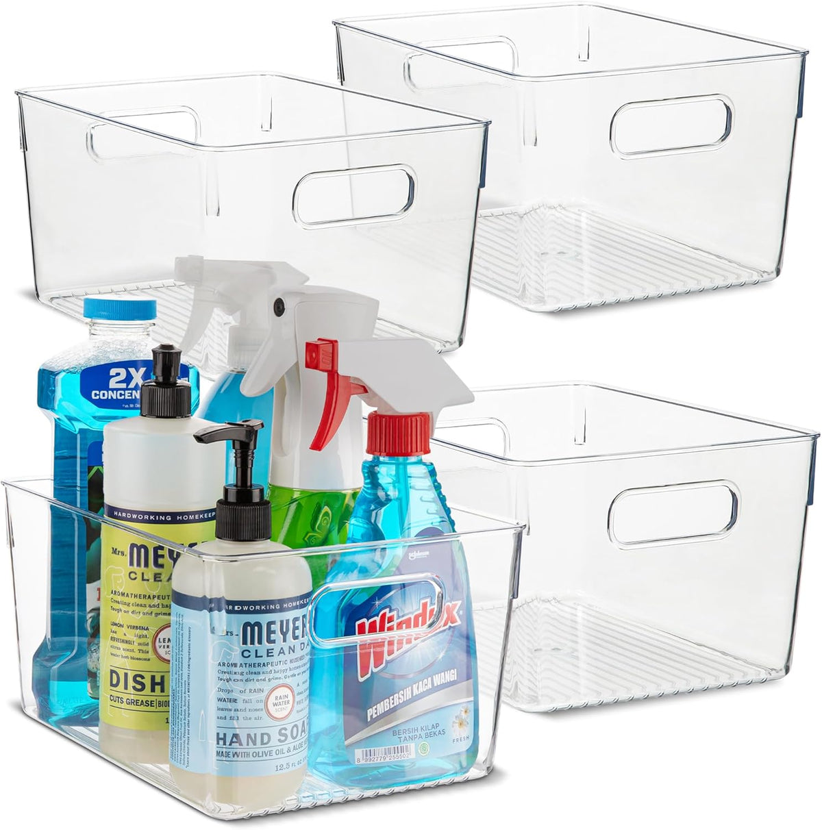Plastic Food Storage 4 Pack Clear Container Bin with Handles for Organizing Kitchen, Pantry