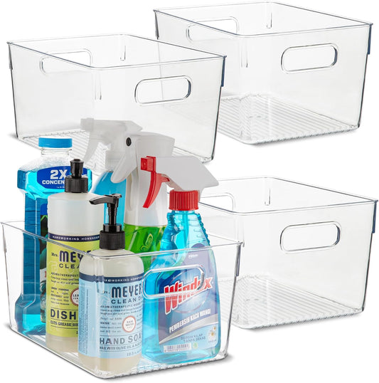 Plastic Food Storage 4 Pack Clear Container Bin with Handles for Organizing Kitchen, Pantry