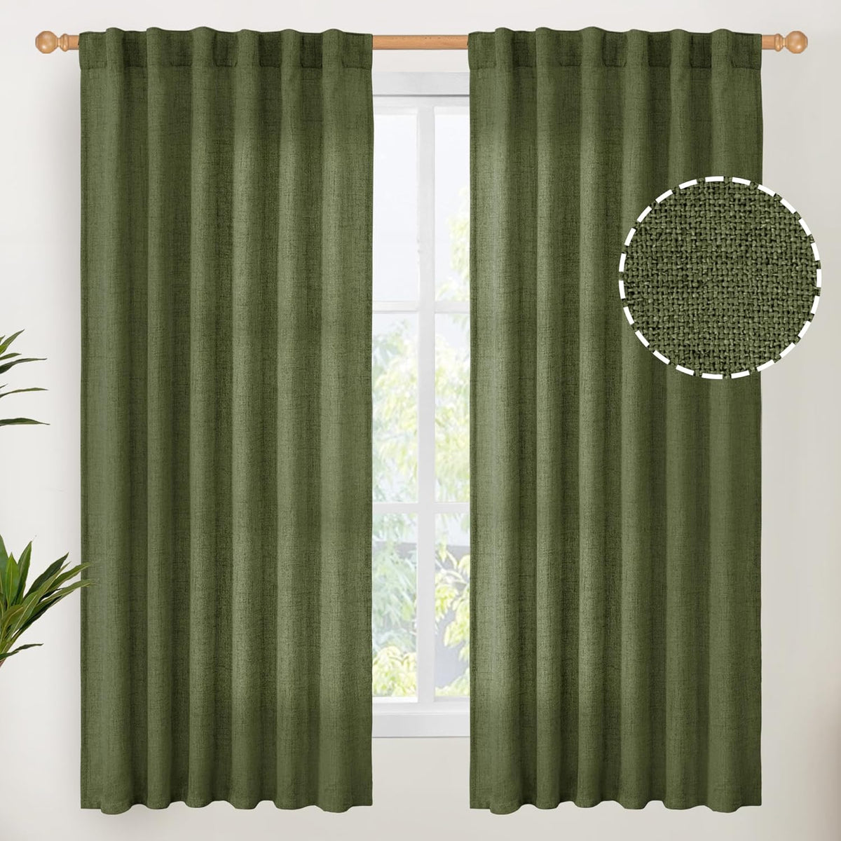 YoungsTex Olive Green Linen Curtains 63 Inch Length for Living Room, Light Filtering Textured
