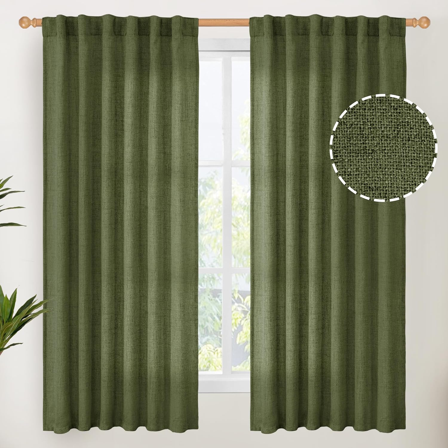 YoungsTex Olive Green Linen Curtains 63 Inch Length for Living Room, Light Filtering Textured