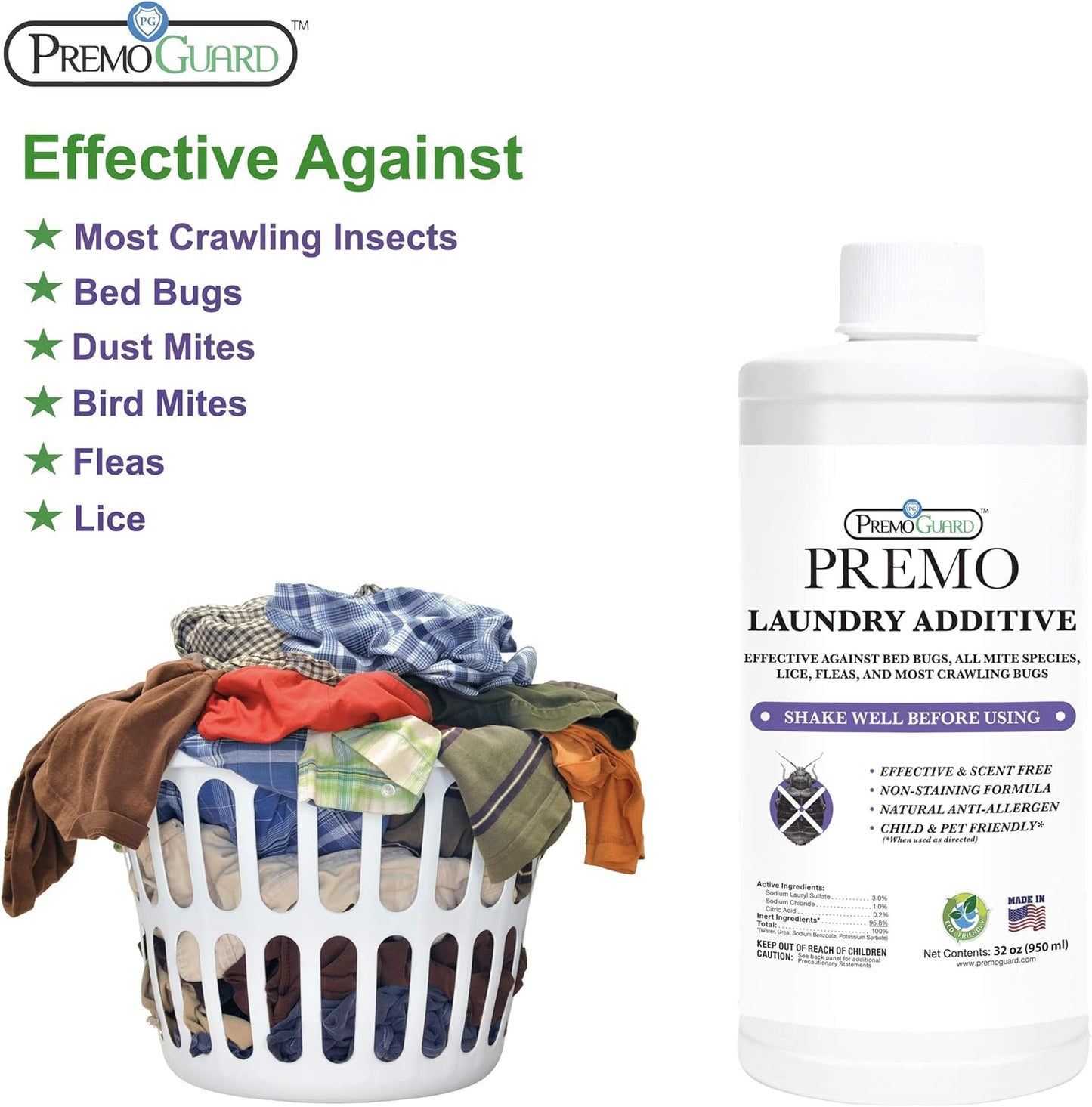 Bed Bug & Mite Laundry Detergent Additive by Premo Guard – 32 oz – Child & Pet Friendly – Stain &