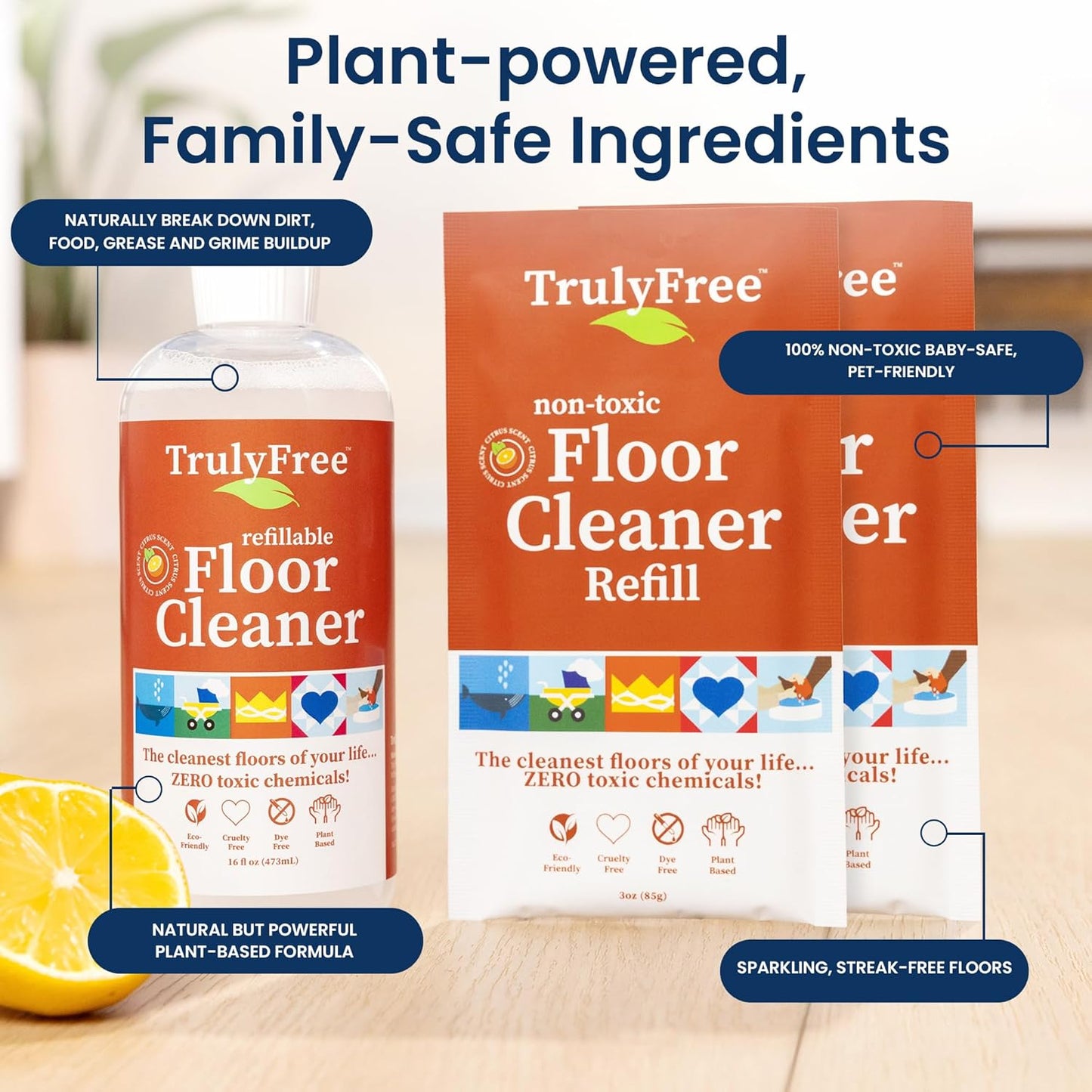 Truly Free Floor Cleaner Kit - Plant-Based Mopping Solution (16oz Reusable Empty Bottle + Two