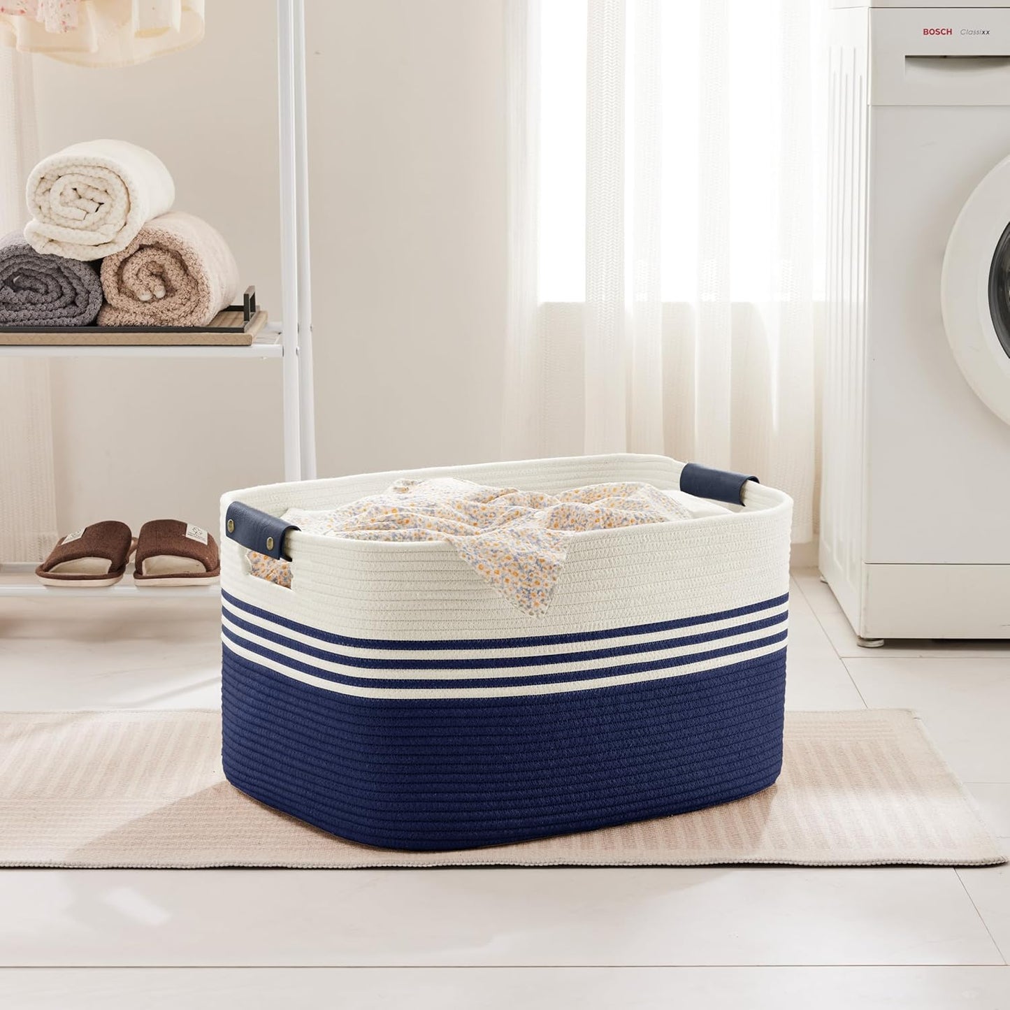72L Large Laundry Basket with Leather Handles for Living Room Storage, Woven Rope Baskets Bin for