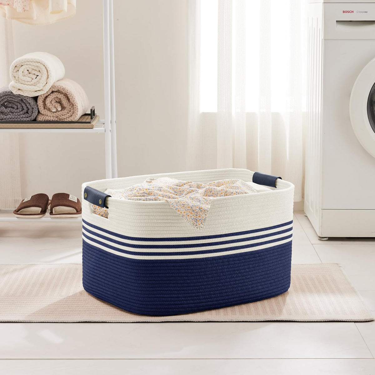 72L Large Laundry Basket with Leather Handles for Living Room Storage, Woven Rope Baskets Bin for