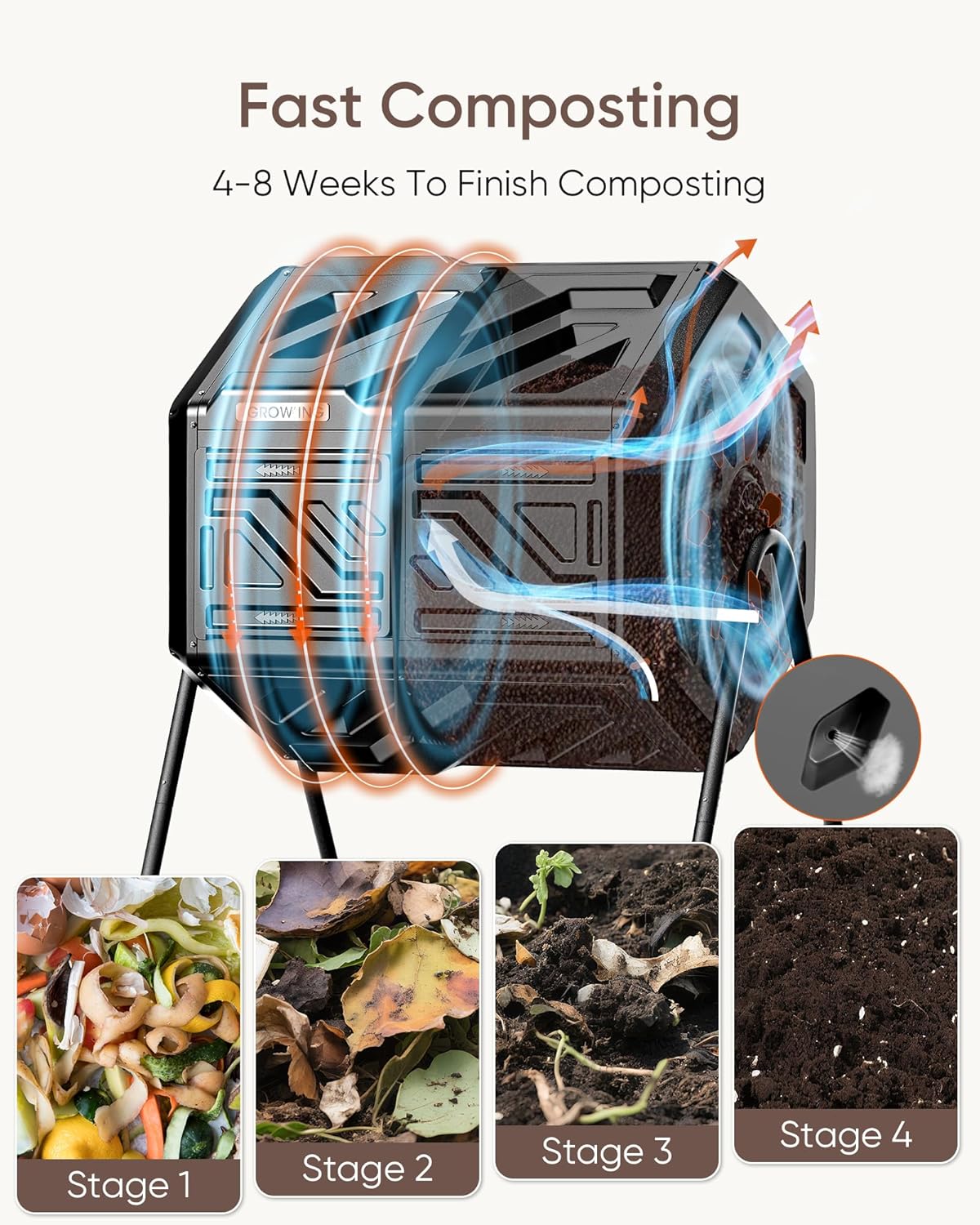 THEGROW'ING Updated 43 Gallon Compost Bin Outdoor, Fast Assemble Tumbling Composter, Dual Chamber