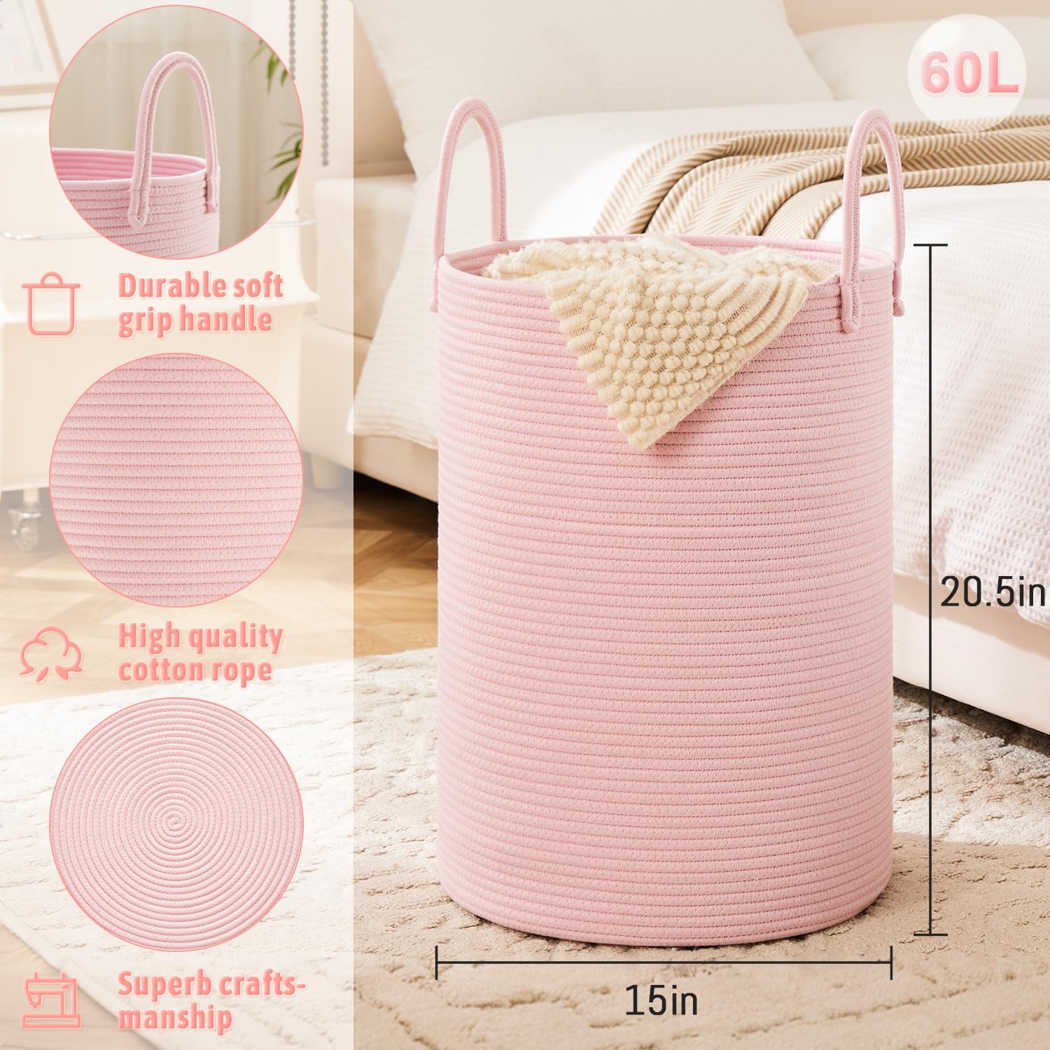 Laundry Basket,Woven Cotton Rope Laundry Hamper,60L for Decorative Storage of Dirty Clothes,Toys