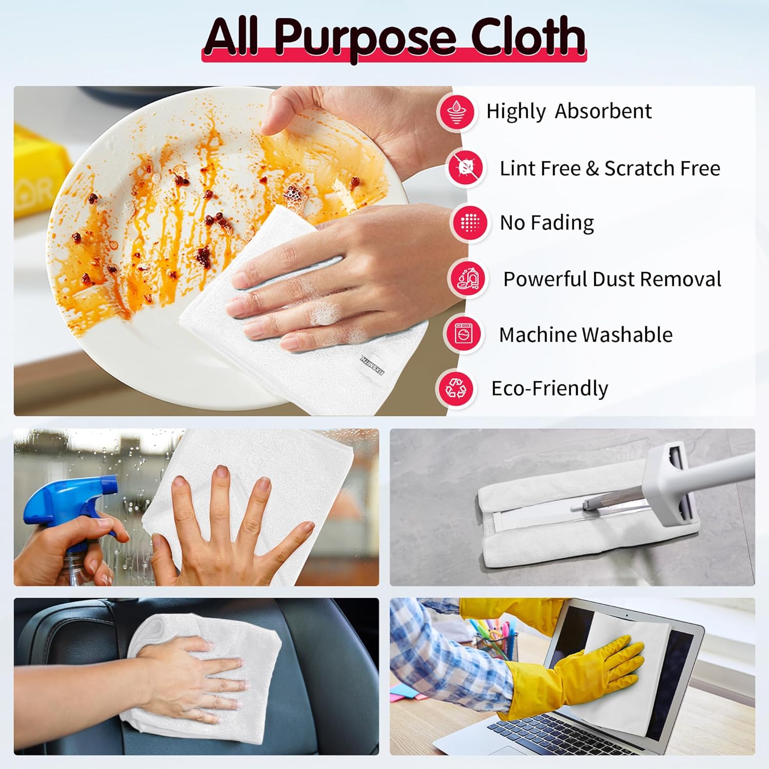 FIXSMITH White Microfiber Cleaning Cloth -Pack of 12, Highly Absorbent Cleaning Rags, 16"X12" All