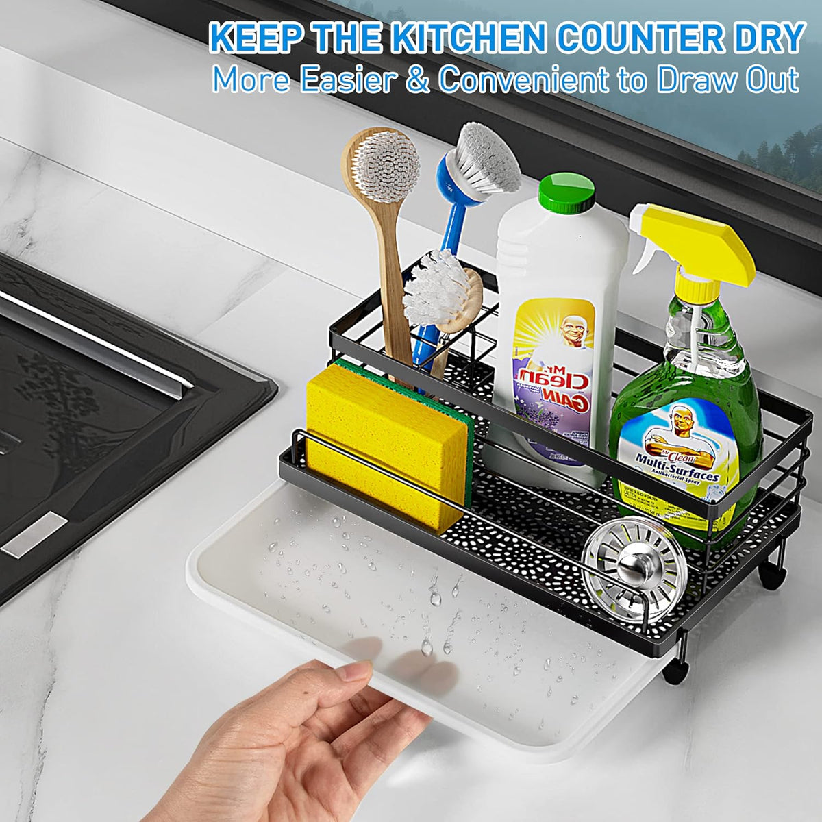 Cisily Large Black Sponge Holder for Kitchen, Sink Caddy Sink Organizer Rack for Kitchen