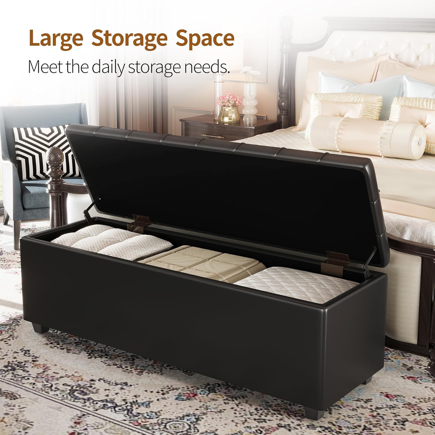 Ottoman with Storage 38 inches, Furniture End of Bed Storage Benches, Long Ottomans Bench with