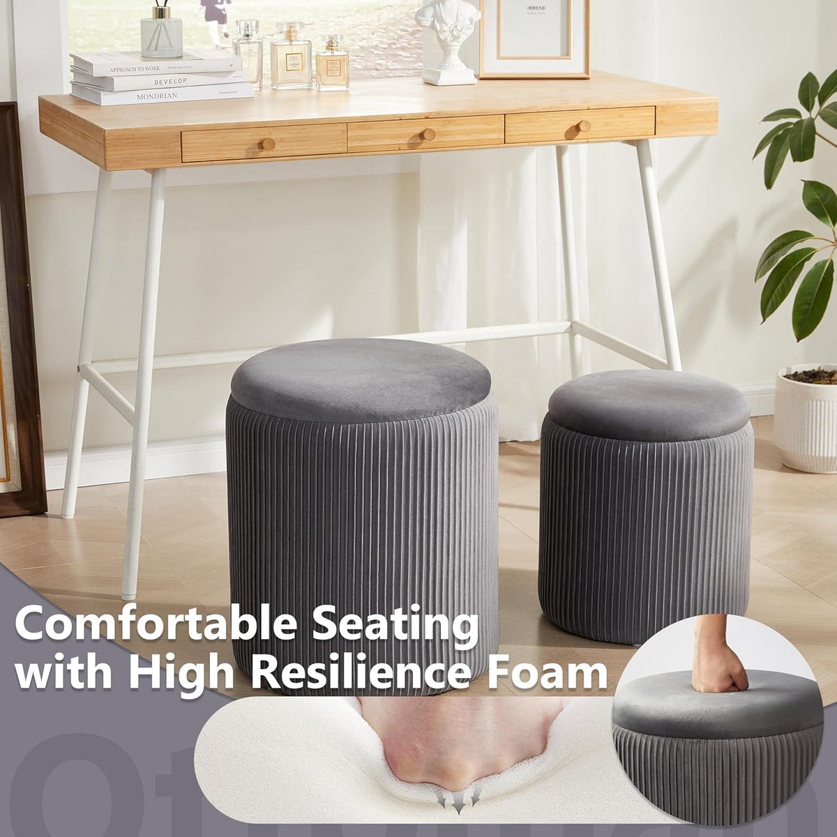 Royal Windsor Round Ottoman with Storage Set of 2,Vanity Stool with Storage for Bedroom, Ottoman