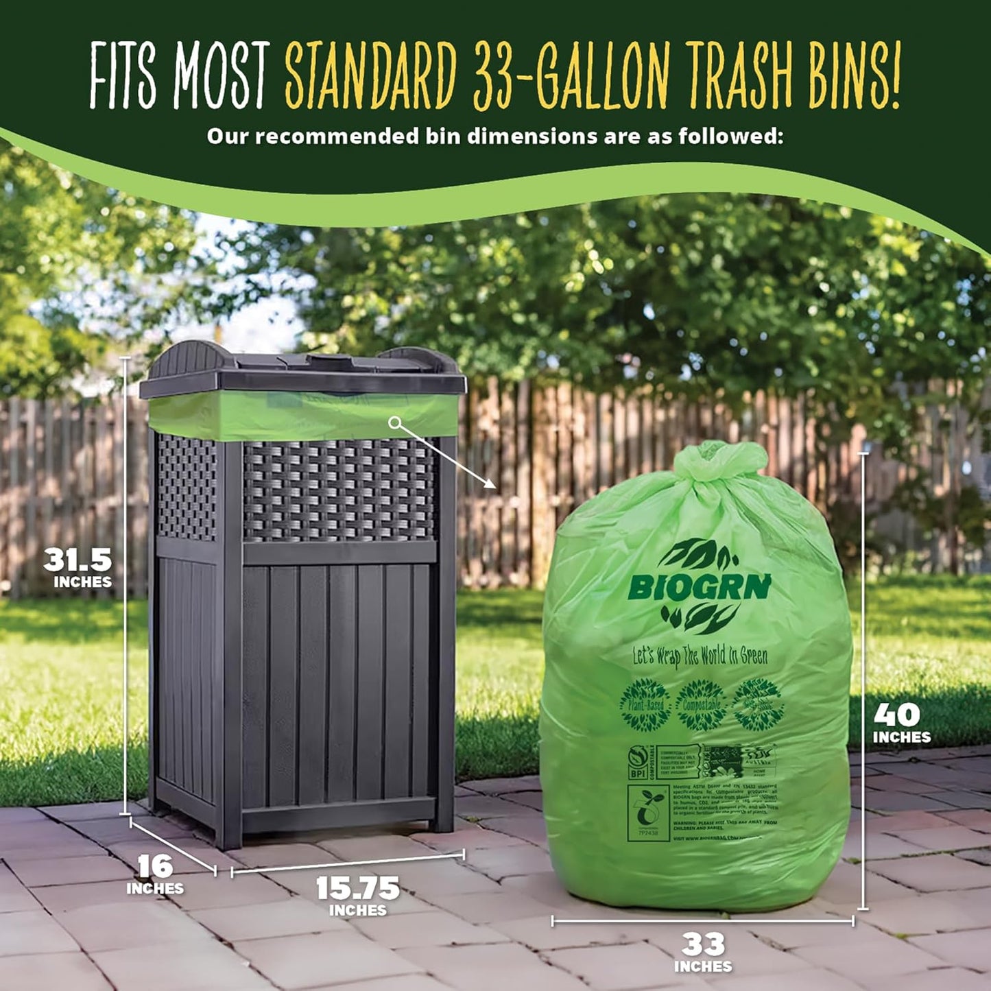 30-33 Gallon Compostable Trash Bags Flat-Top 30 Bags Heavy Duty1.57 Mil, 124.92 Liter Large Lawn