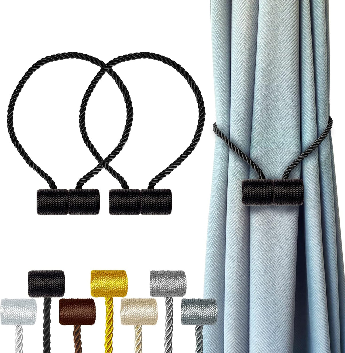 Hion Magnetic Curtain Tiebacks Black 2pcs, Curtain Tiebacks Buckles Holdbacks Holders Hooks Clip
