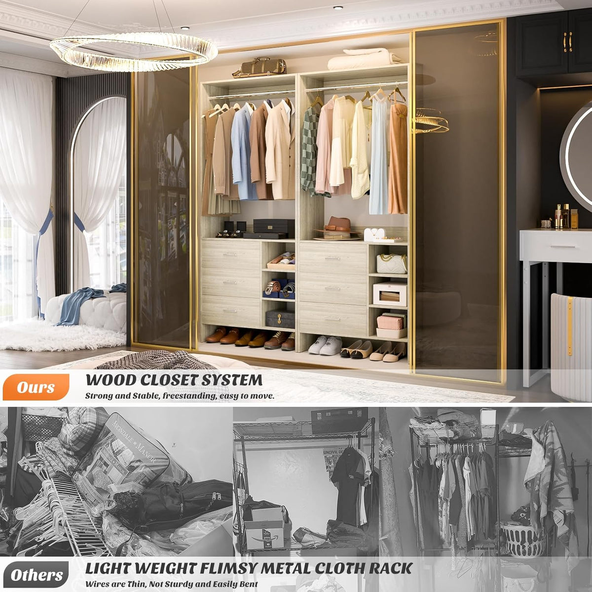 Aheaplus 2.5FT Closet System with 3 Drawers, 29.5’’ Closet Organizer, Wood Closet Organizer System