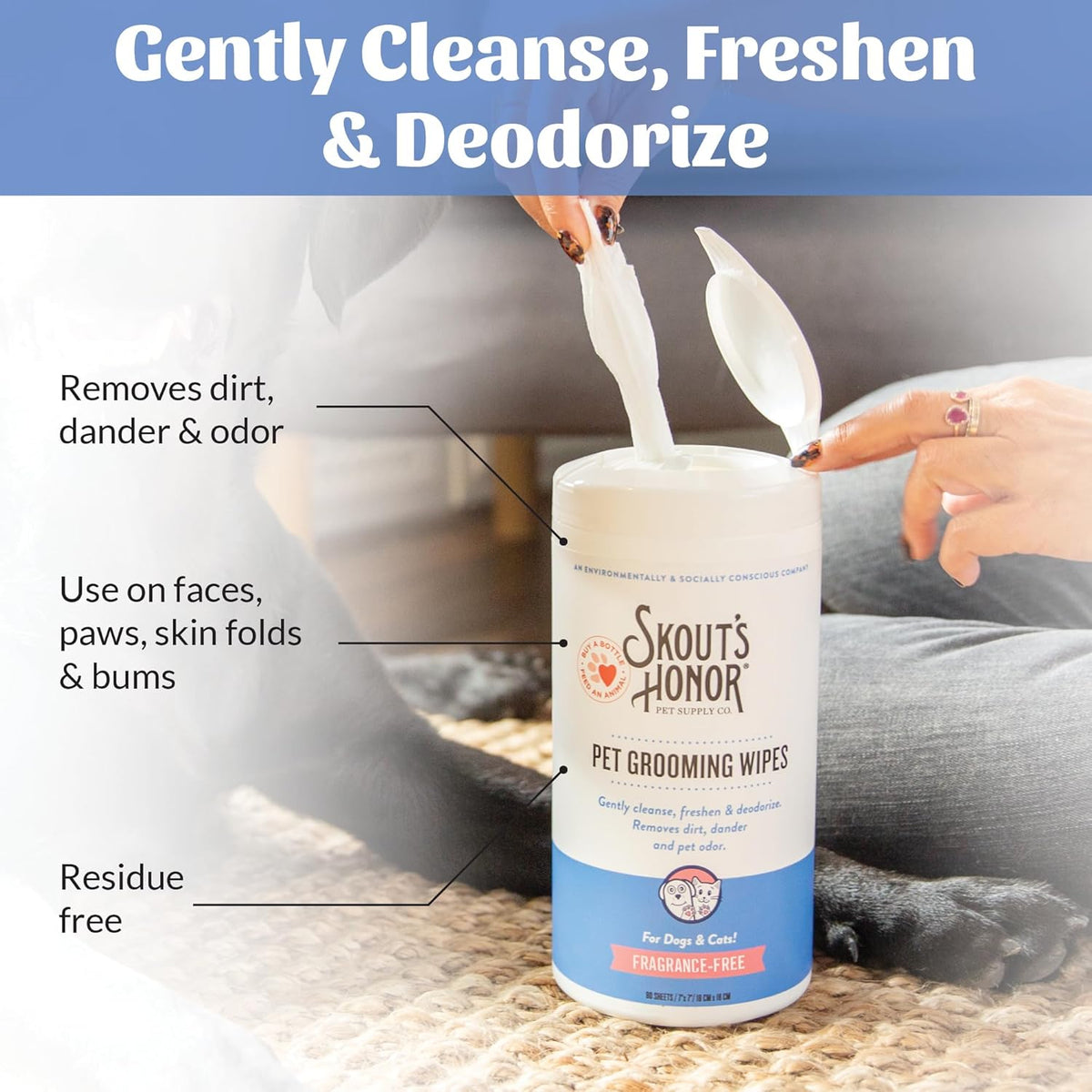 SKOUT'S HONOR Pet Grooming Wipes for Dogs and Cats - Deodorizing, Plant-Based, Biodegradable
