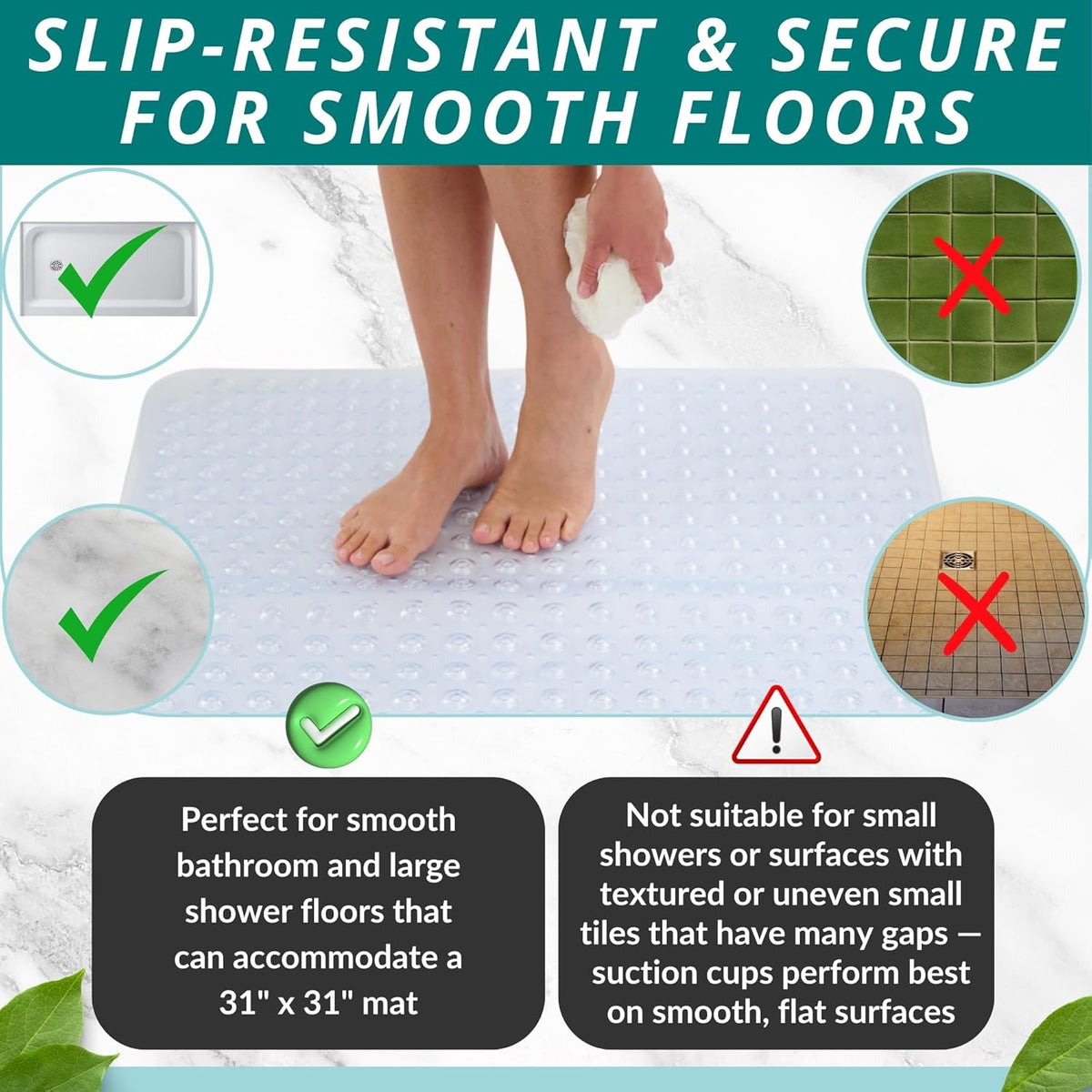 ENKOSI Extra Large Square Non Slip Shower Mat - 31 x 31-inch XL Bathroom Shower Mat - Square Shower