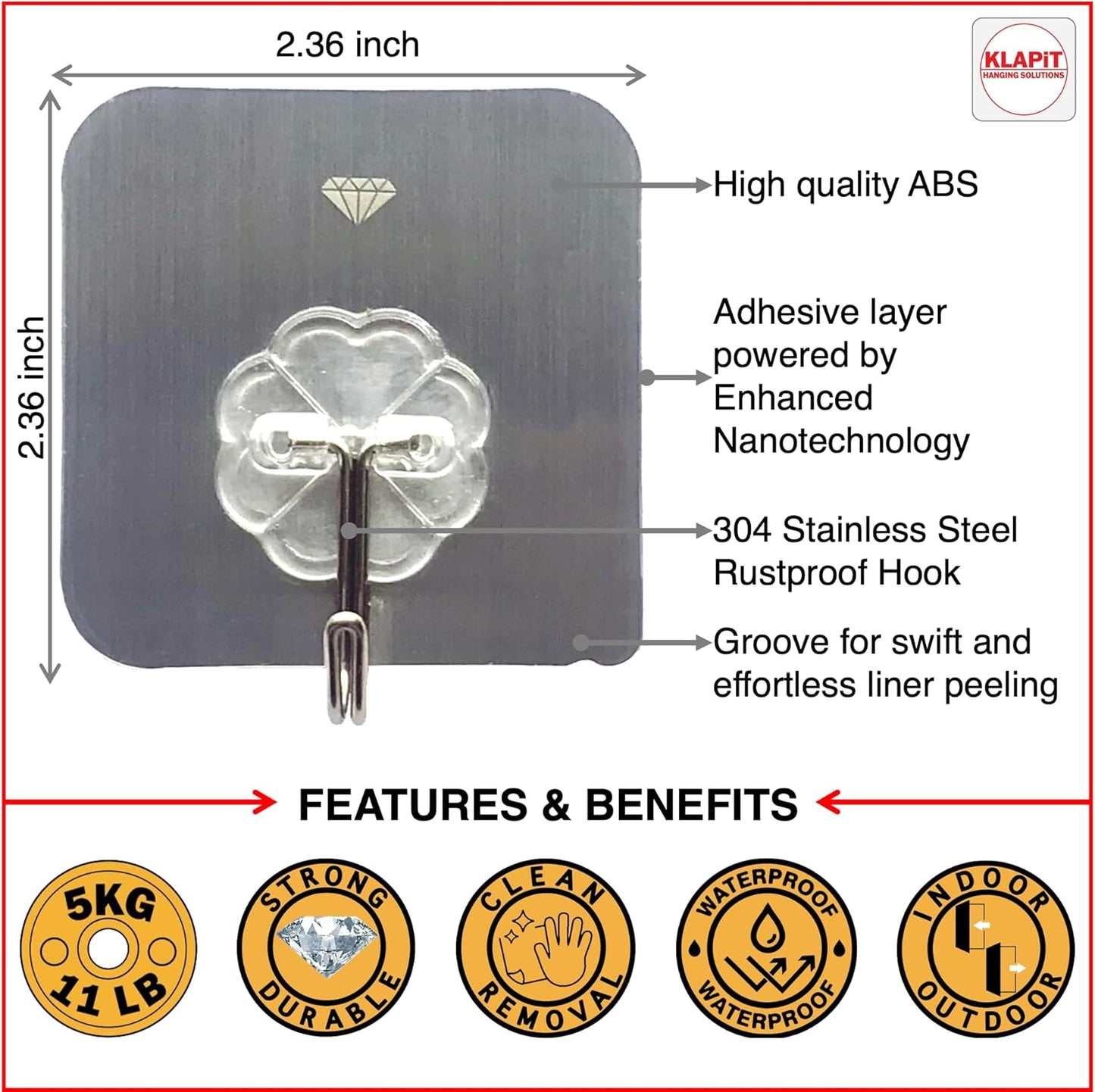 KLAPiT Super Hook - Heavy-Duty Adhesive Wall Hooks, Holds Up to 11 lbs, Waterproof, No Damage, Easy