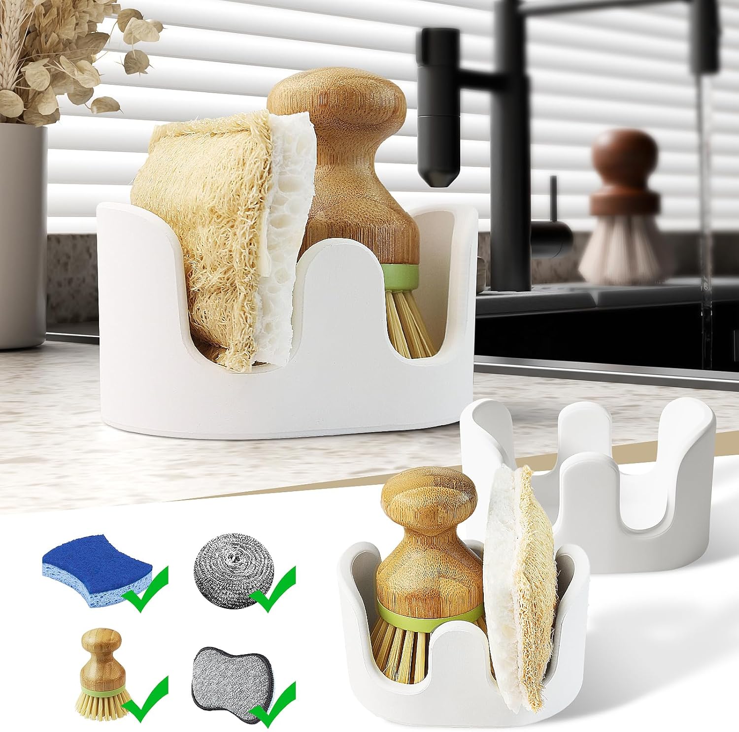 2 Pack Double Sponge Holder, Diatomite Stone Absorbent Sponge Stand for Kitchen Sink - Quick Dry