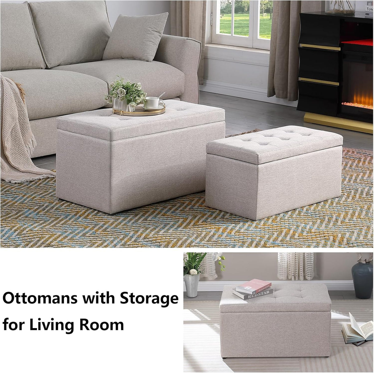 Storage Ottoman Bench with 2.56-inch Thick Seat, 31.5 inch Nesting Ottoman Set of 2, Hinged Flip