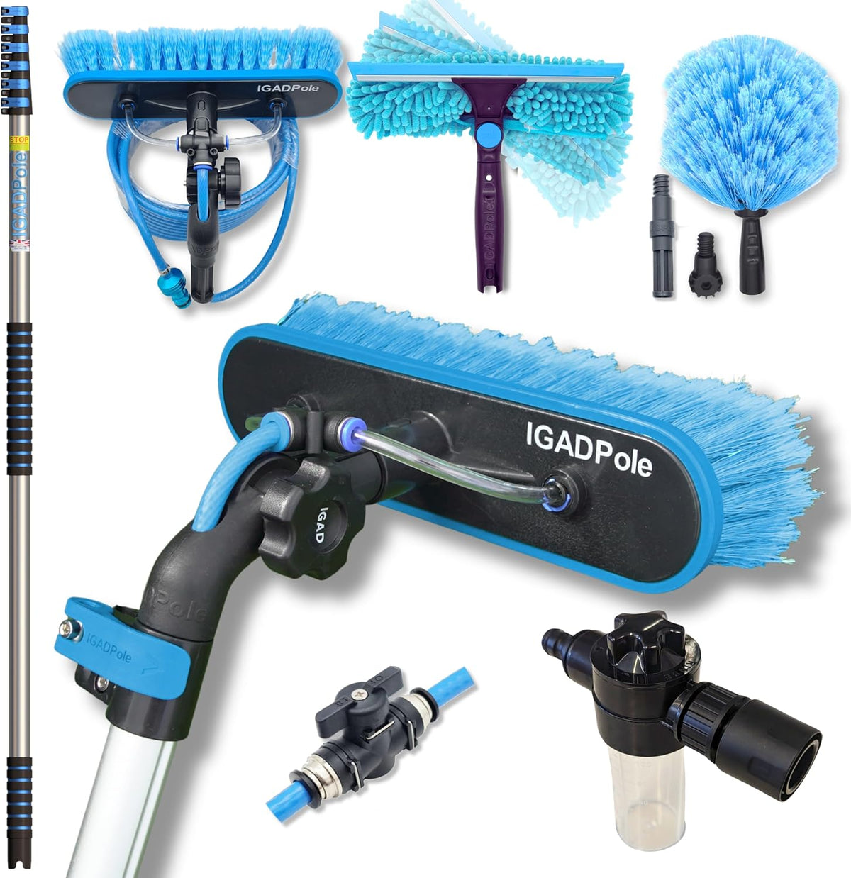 24ft IGADPole Washing Kit: Water-fed Brush, Cobweb Duster and 10” Squeegee and Soap Dispenser, with