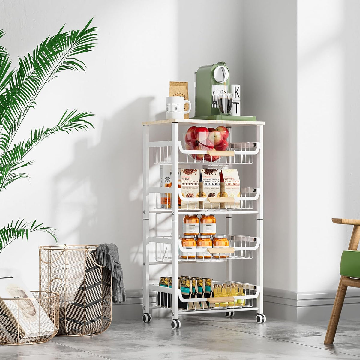 5-Layer Fruit Basket Kitchen Food Organizer and Rack, Stackable Storage Cart with Desktop, Pull-Out