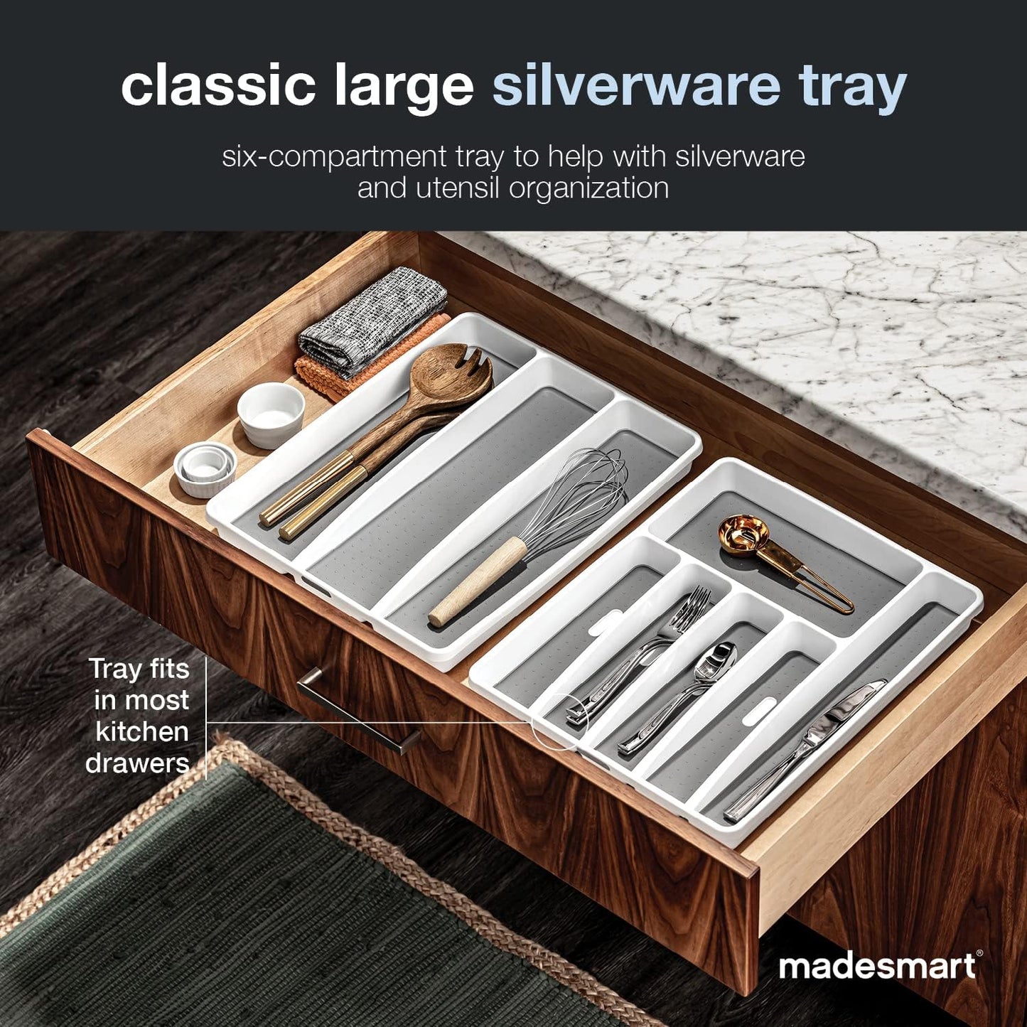 madesmart Classic Large Silverware Tray - White |CLASSIC COLLECTION | 6-Compartments| Kitchen
