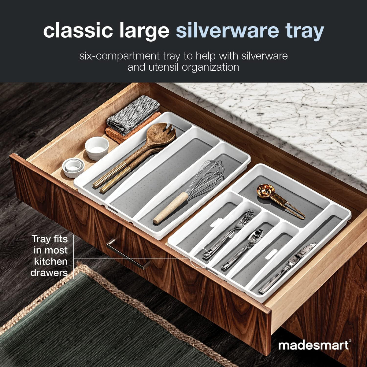 madesmart Classic Large Silverware Tray - White |CLASSIC COLLECTION | 6-Compartments| Kitchen