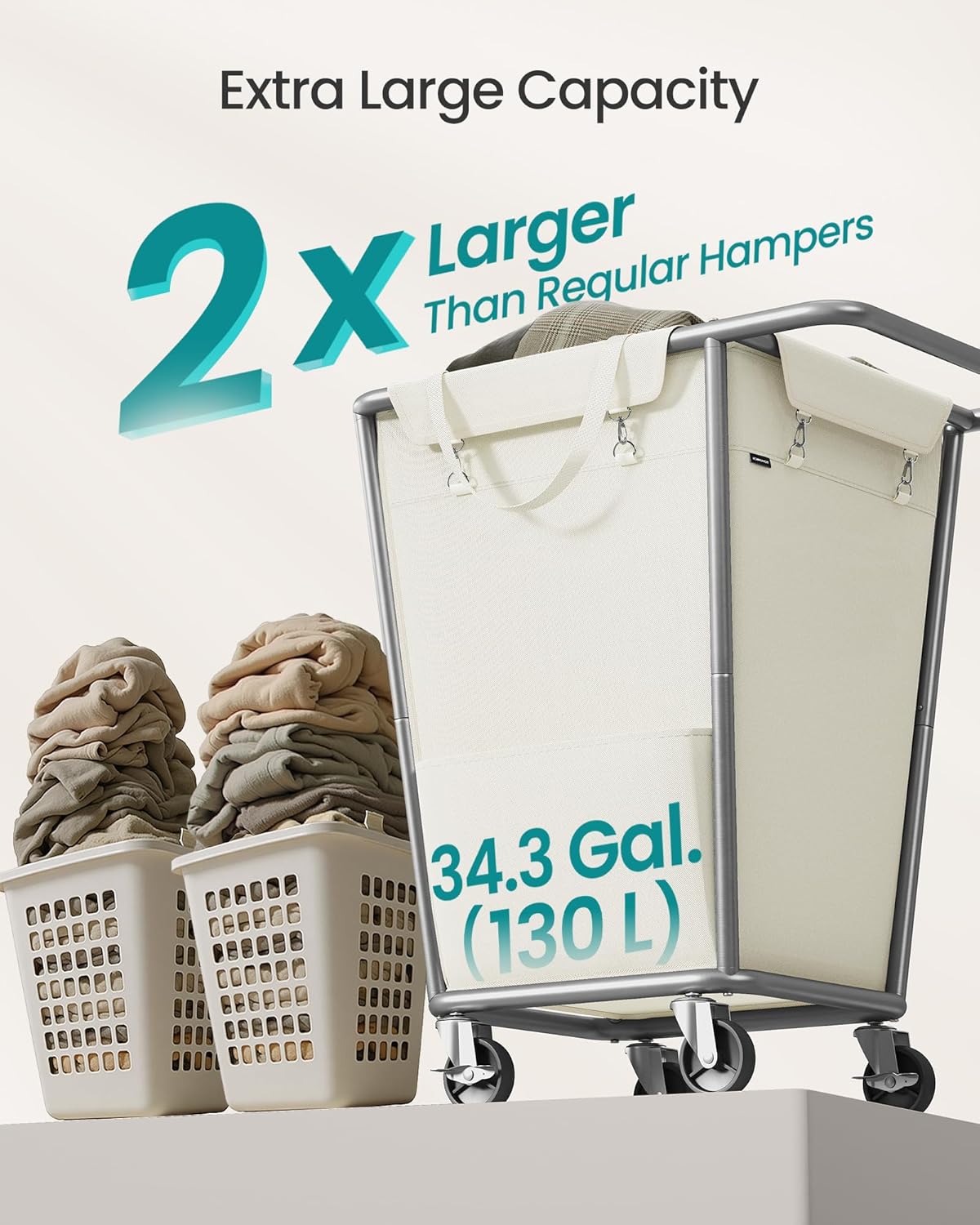 SONGMICS Laundry Basket with Wheels, 34.3 Gallons (130 L) Rolling Laundry Hamper with Removable