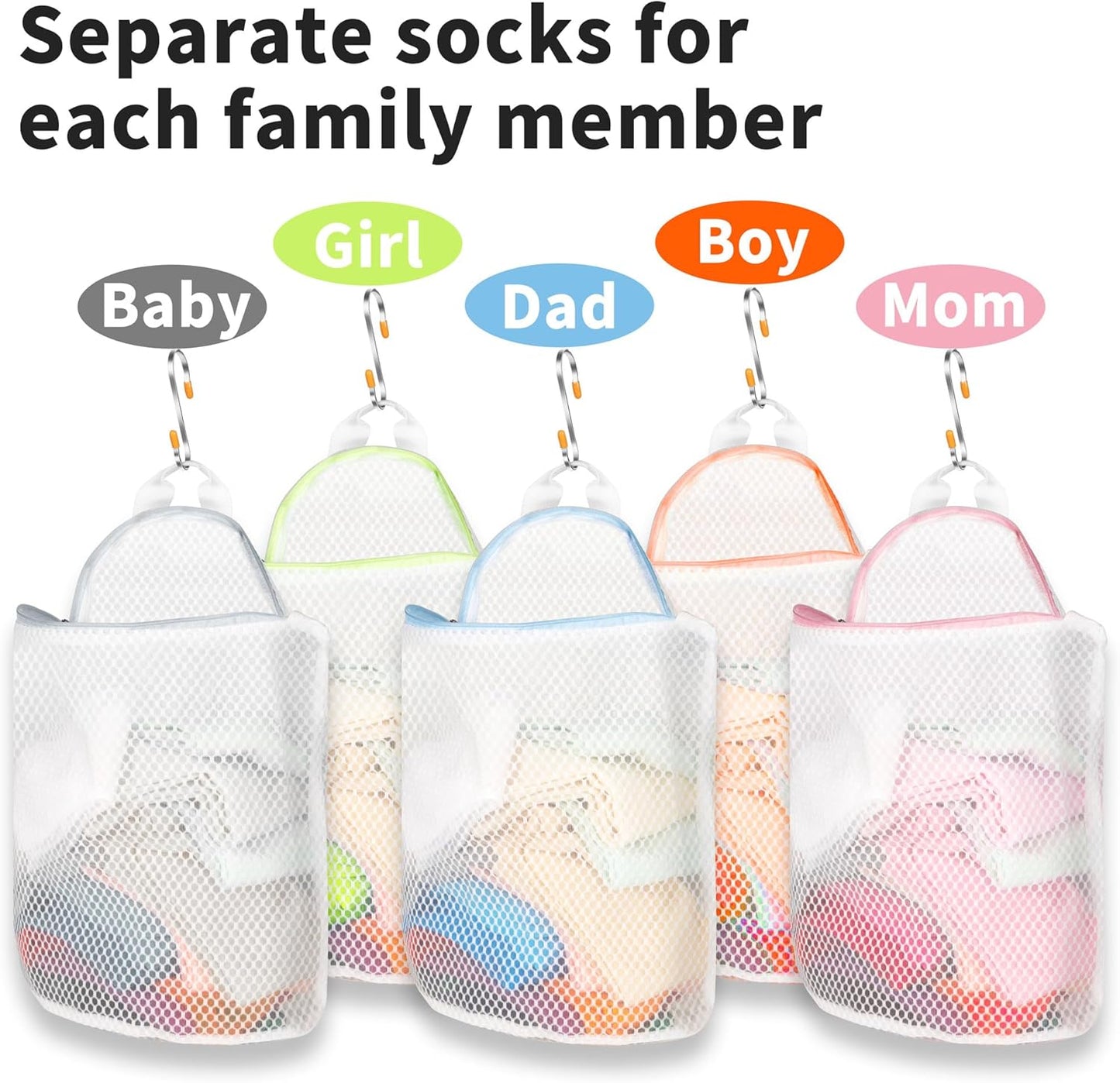 5Pcs Hanging Laundry Bags for Socks with S Hooks,12 X 10 inch 5 Color Mesh Laundry Bags for Washing