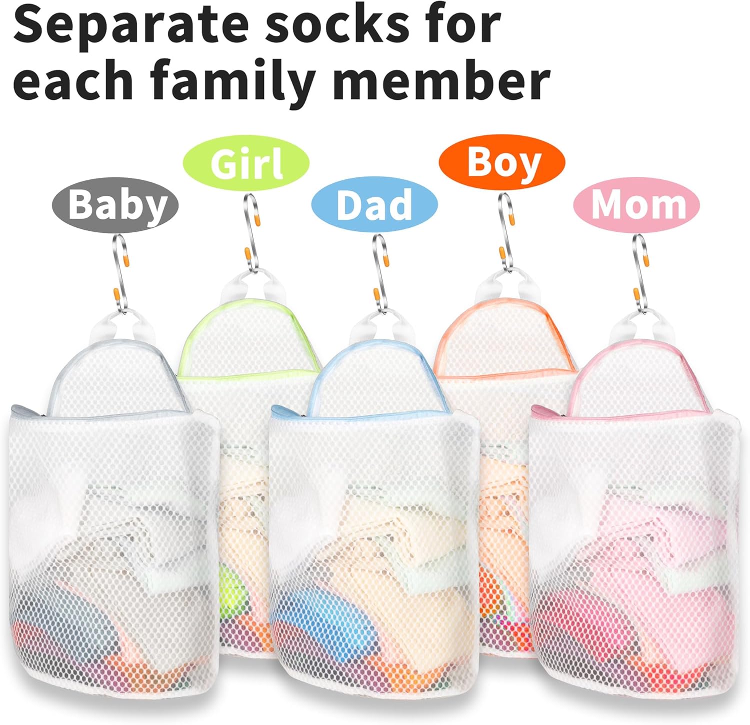 5Pcs Hanging Laundry Bags for Socks with S Hooks,12 X 10 inch 5 Color Mesh Laundry Bags for Washing