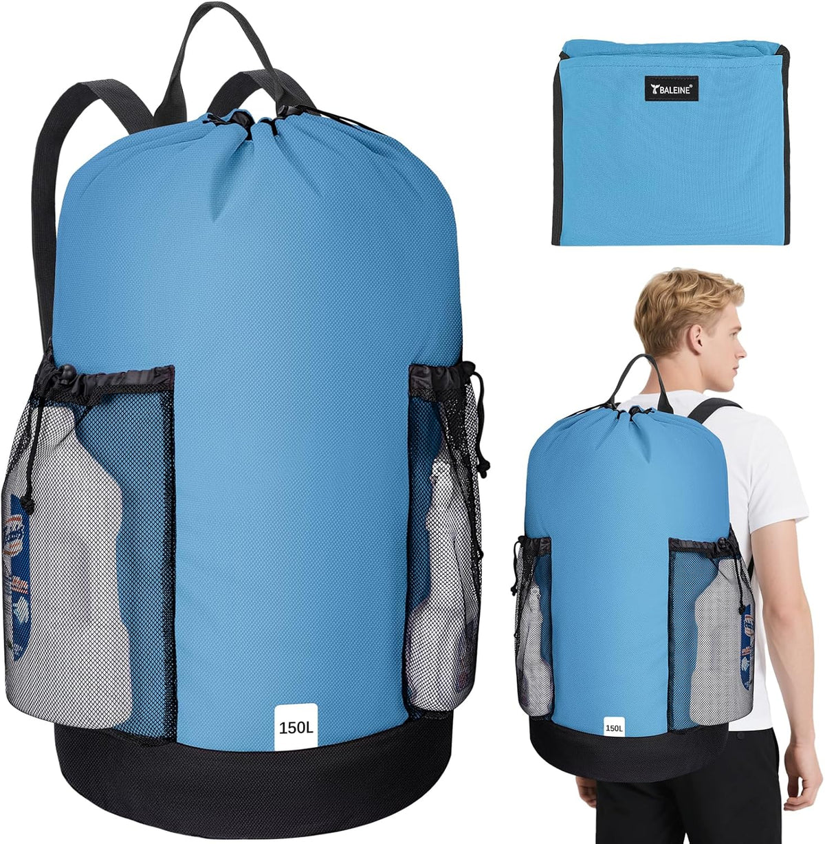 BALEINE 150L Laundry Bag Backpack, 900D Oxford Fabric Large Travel Laundry Bags with Shoulder