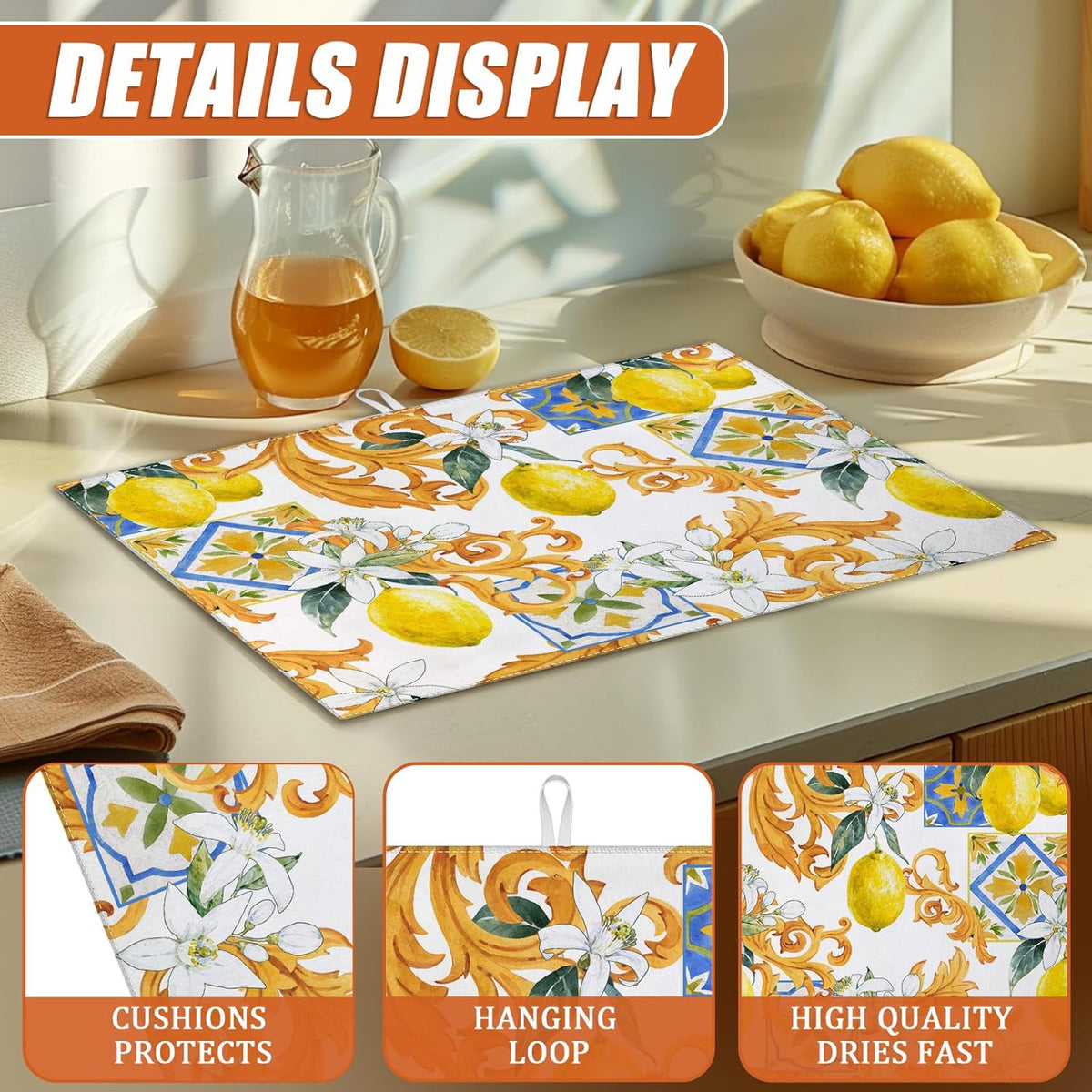Watercolor Lemon Dish Drying Mat for Kitchen Counter Microfiber Absorbent Dish Kitchen Drying Mat