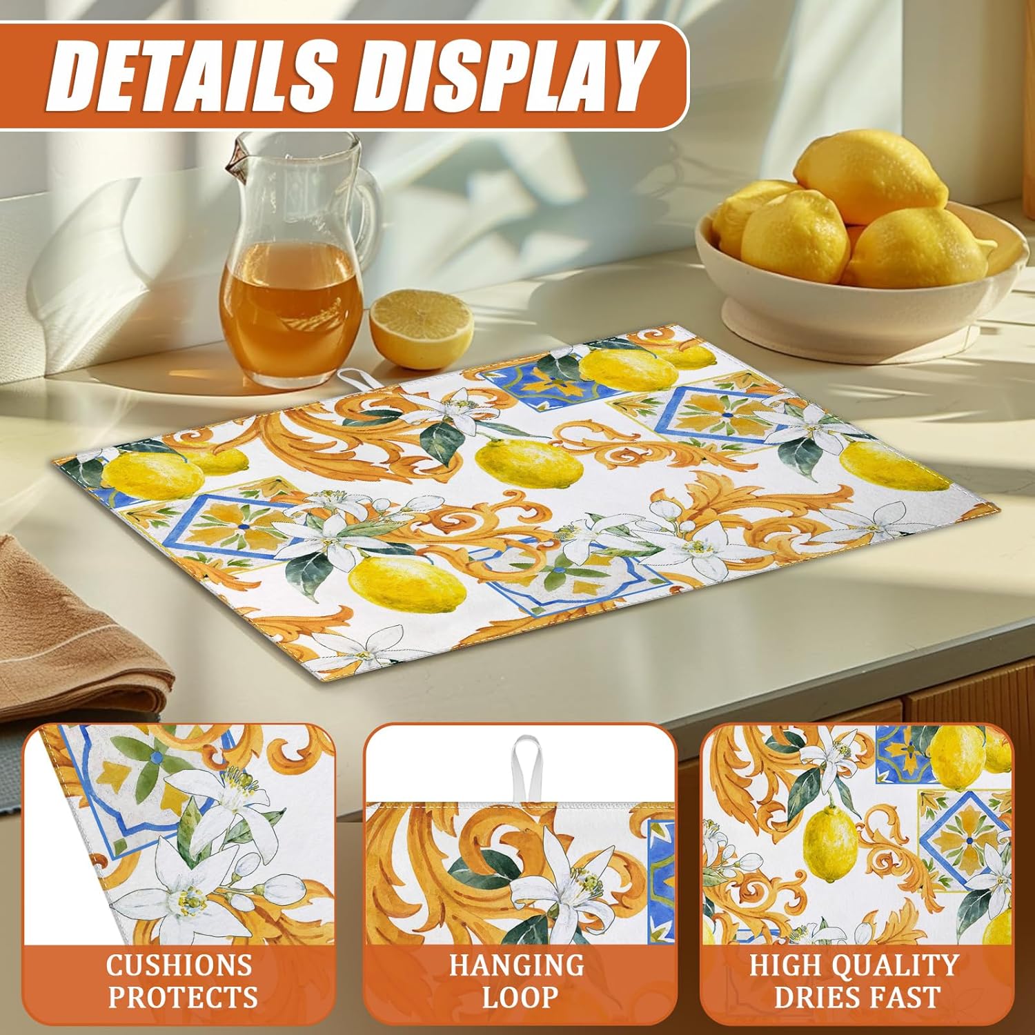 Watercolor Lemon Dish Drying Mat for Kitchen Counter Microfiber Absorbent Dish Kitchen Drying Mat