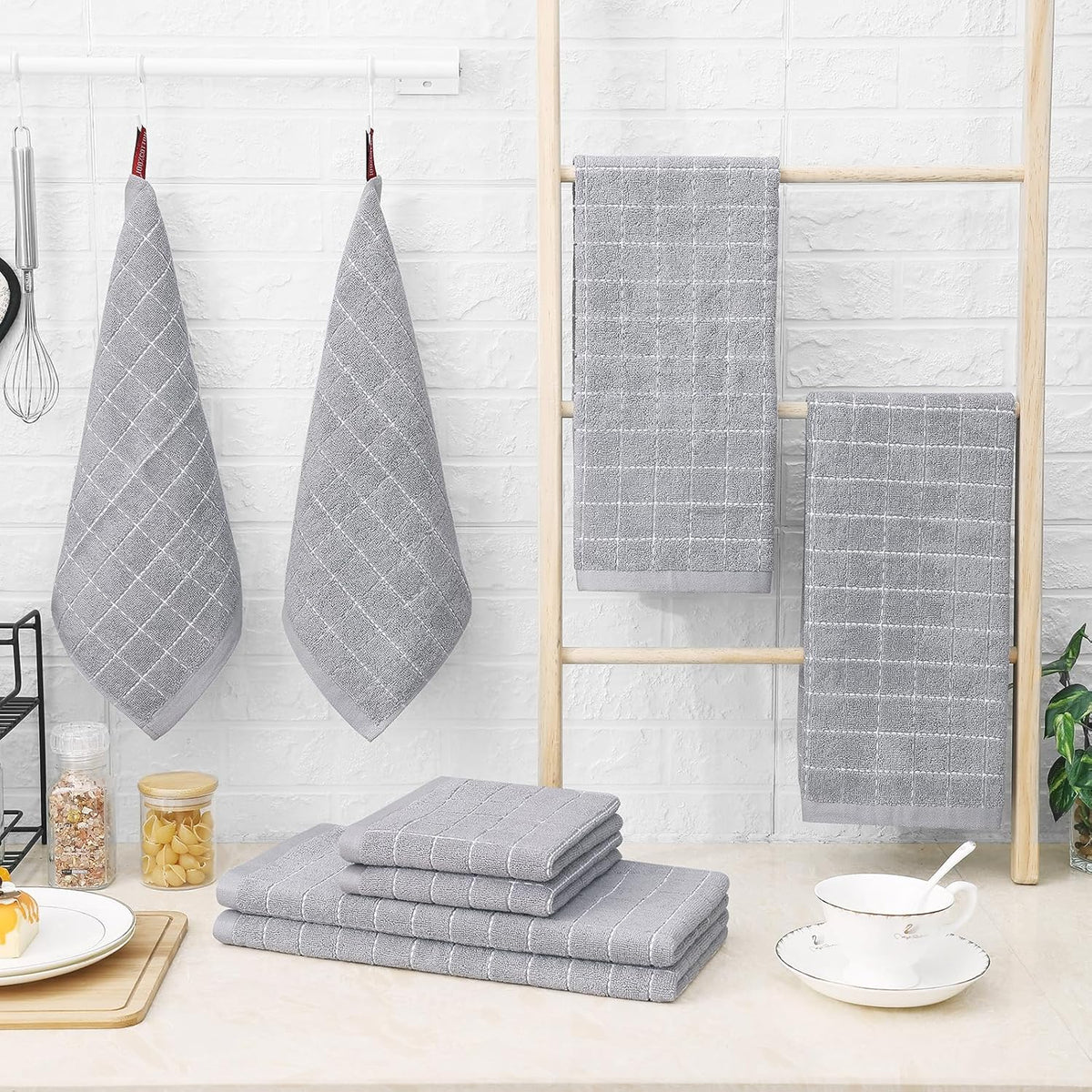 Homaxy 100% Cotton Terry Kitchen Towels(Light Grey, 13 x 28 inches), Checkered Designed, Soft and